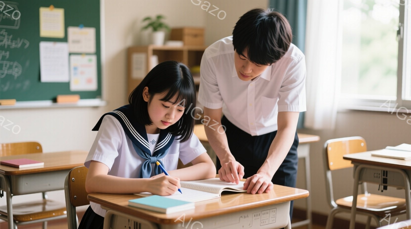制服を着た女子学生が机に向かってペンで何かを書いています。彼女は少し眉間にしわを寄せ、真剣な表情で課題に取り組んでいます。背景には教室の黒板と机が並び、男子学生が彼女の肩越しに何かを説明している様子が伺えます。