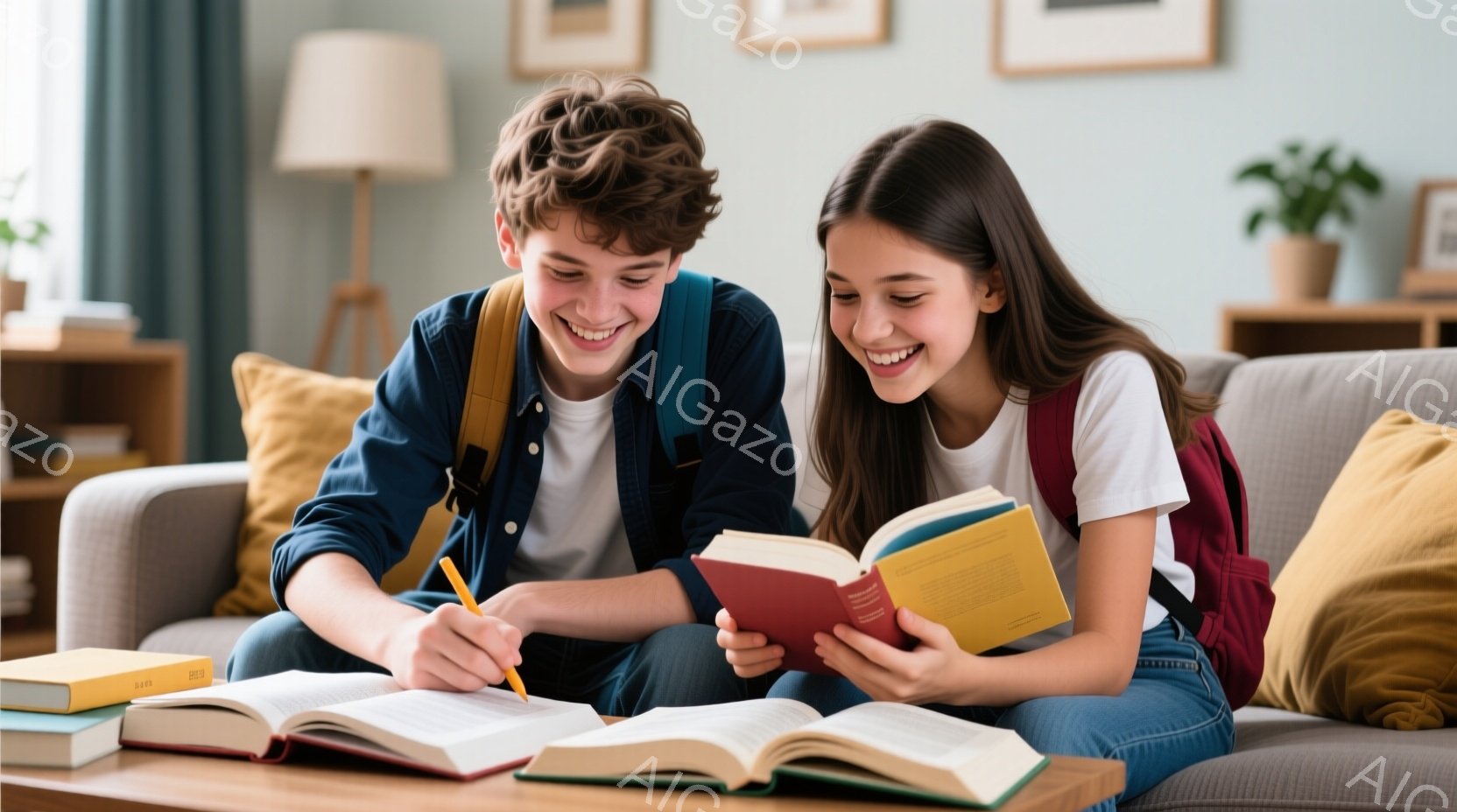 若い男女がソファーに座って本を開いて勉強しています。少年は茶色の髪で、白いTシャツを着て、本に何か書き込んでいるようです。少女は長い茶色の髪をしており、赤いTシャツを着て、微笑みながら本を読んでいます - AI生成フリー素材