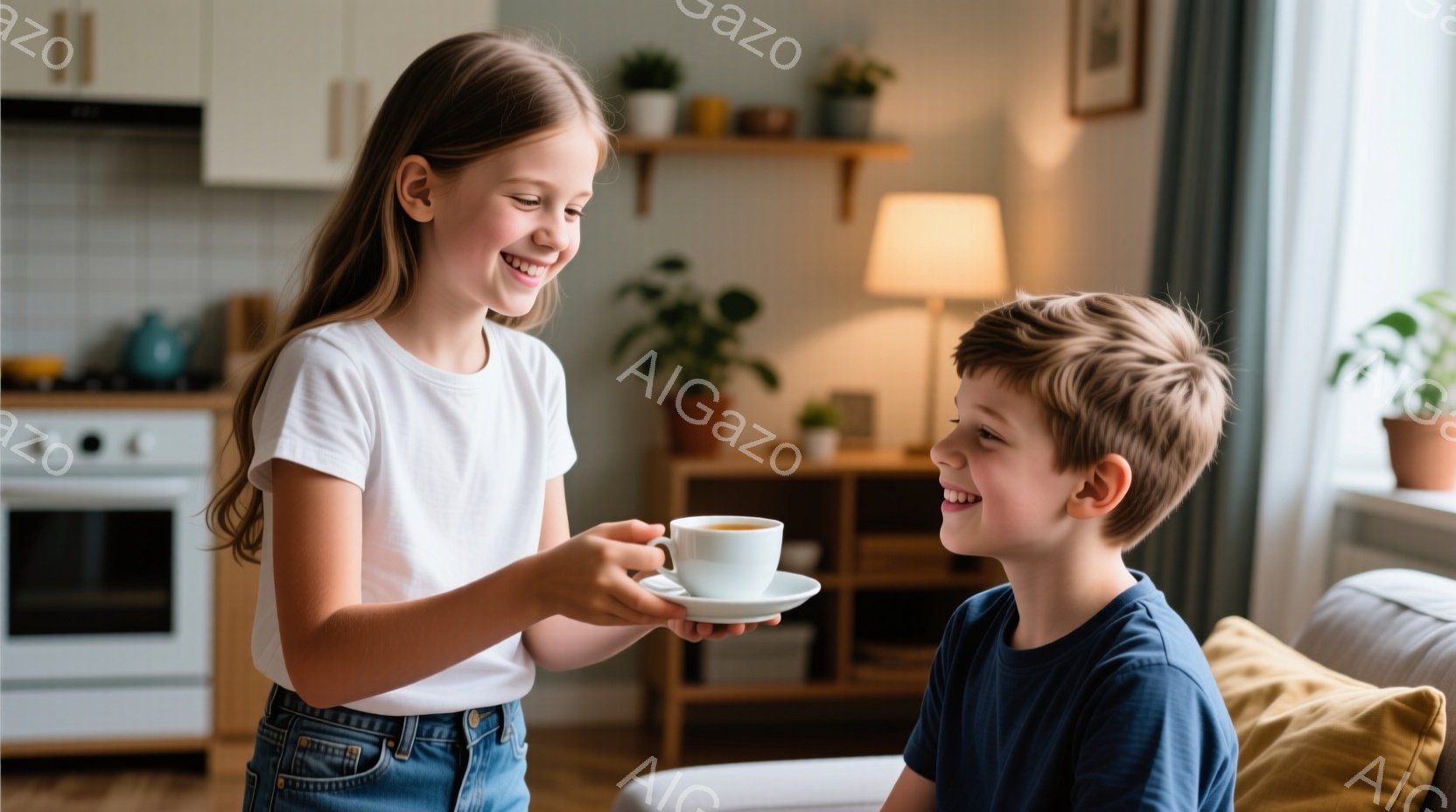長い茶色の髪を後ろで結んだ少女が、微笑みながら茶色のカップを男の子に差し出しています。男の子も微笑んでカップを受け取ろうとしており、両者はソファに座っているようです。背景には、白いキャビネットと植物、 - AI生成フリー素材