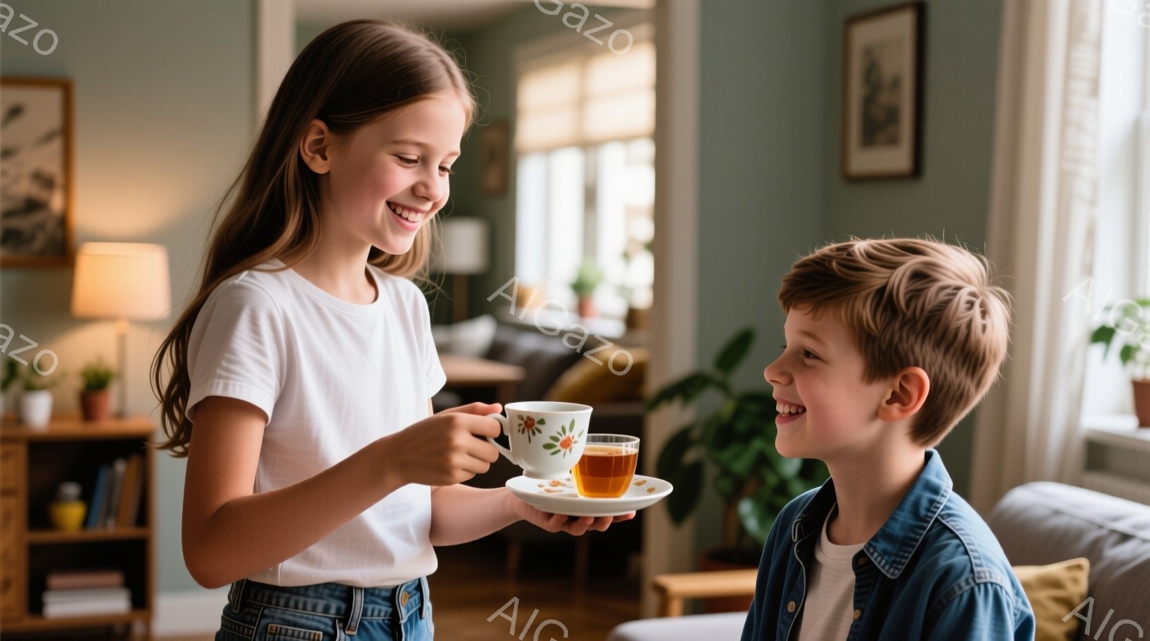 若い男女がキッチンで食器を洗っています。少年は濃い青色のポロシャツを着ており、少女は白いTシャツに濃い青色のエプロンを着用しています。二人は笑顔で、協力して食器を洗う様子から、明るく家庭的な雰囲気が伝 - AI生成フリー素材