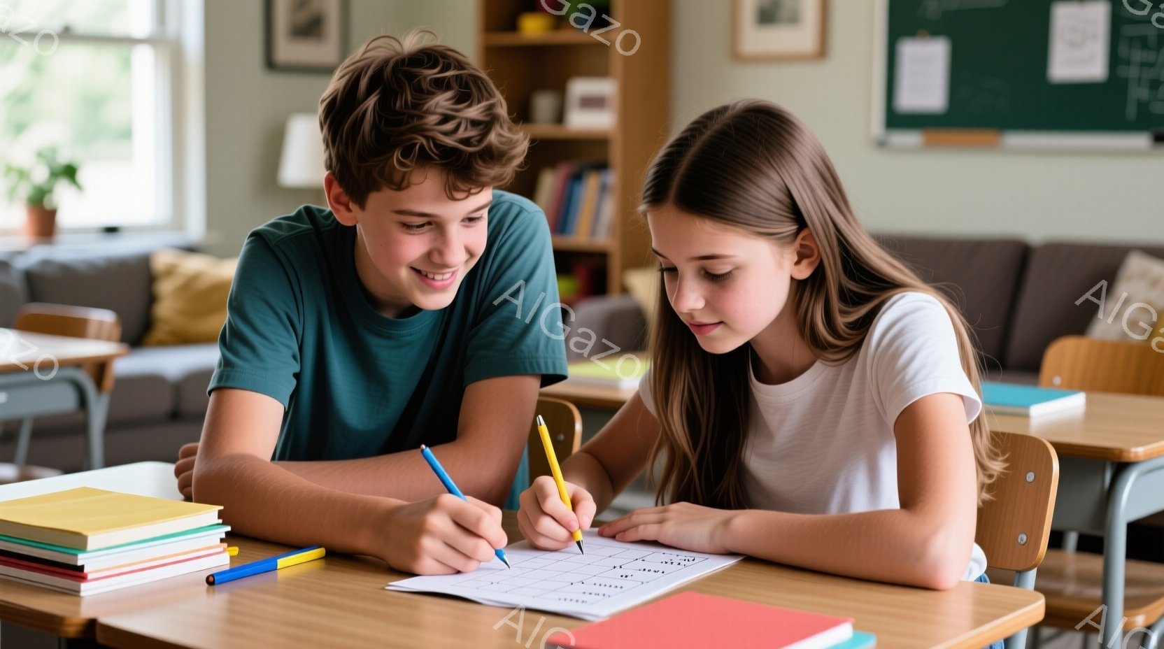一人の少年と少女が机に向かい、パズルに取り組んでいます。少年は緑色のTシャツを着ており、笑顔でパズルを覗き込んでいます。少女は白いTシャツを着て、集中して黄色い鉛筆でパズルに書き込んでおり、背景には教室の様子が見えます。