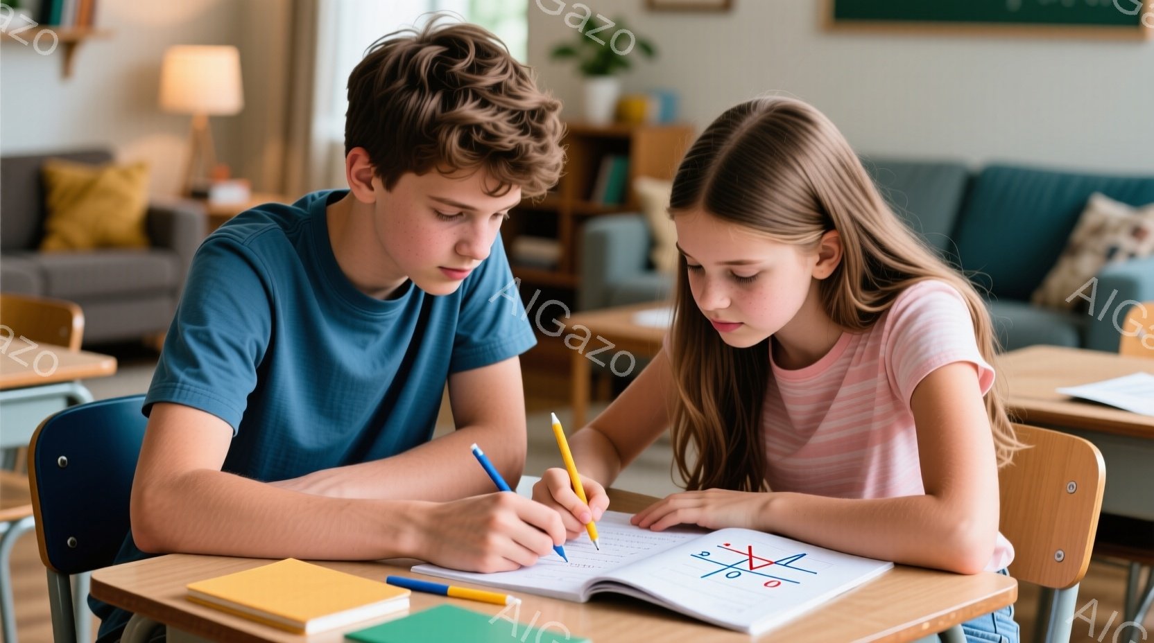 少年と少女が机に向かい、ノートに集中して何かを書き込んでいます。少年は青いシャツを着ており、髪は短く整えられています。少女はピンクと白のストライプのシャツを着て、髪を後ろで一つにまとめています。二人は - AI生成フリー素材
