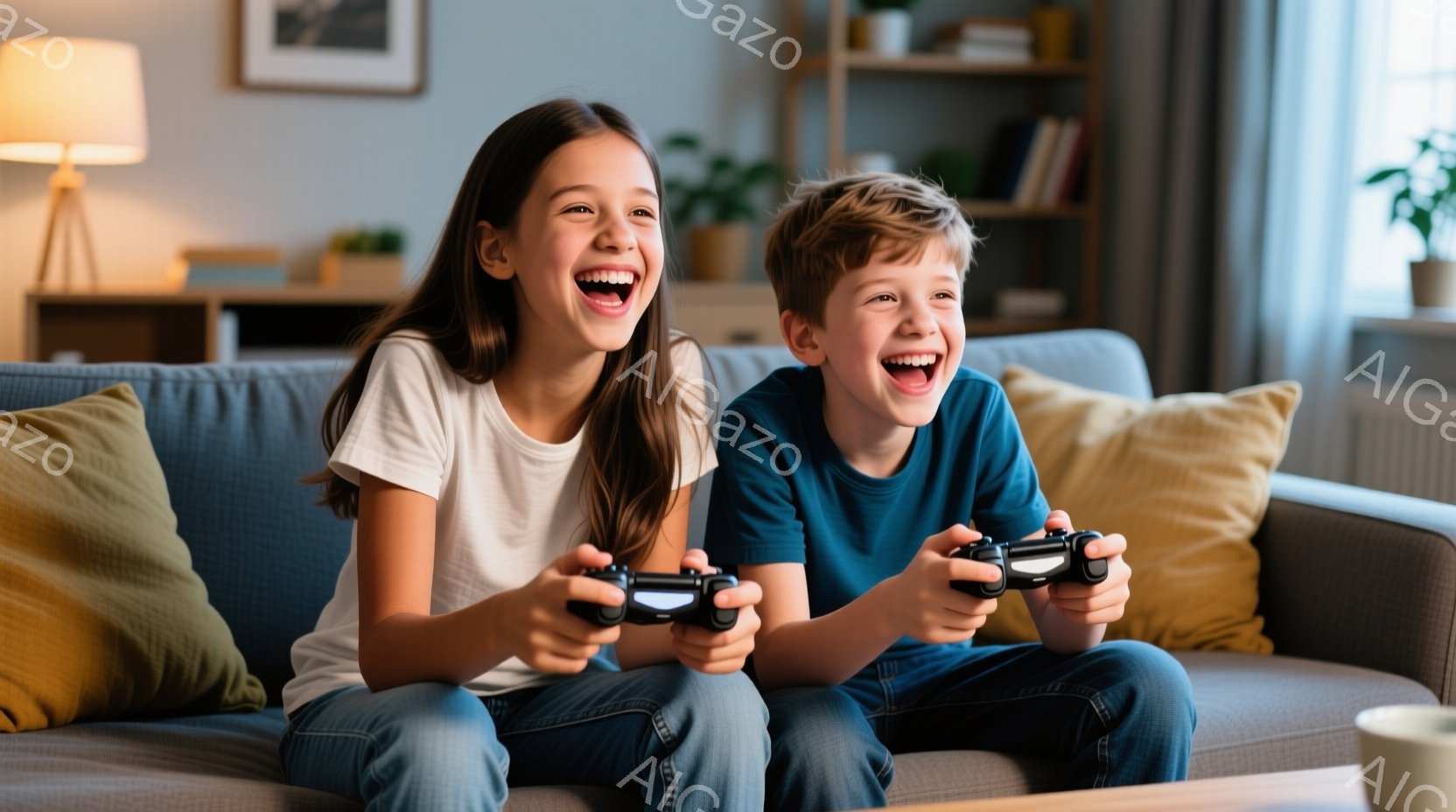 二人の子供がソファに座ってゲームを楽しんでいます。女の子は白いTシャツとジーンズを着ており、長い茶色の髪をしています。男の子は青いTシャツとジーンズを着ており、顔は笑顔で、興奮している様子が伝わります。