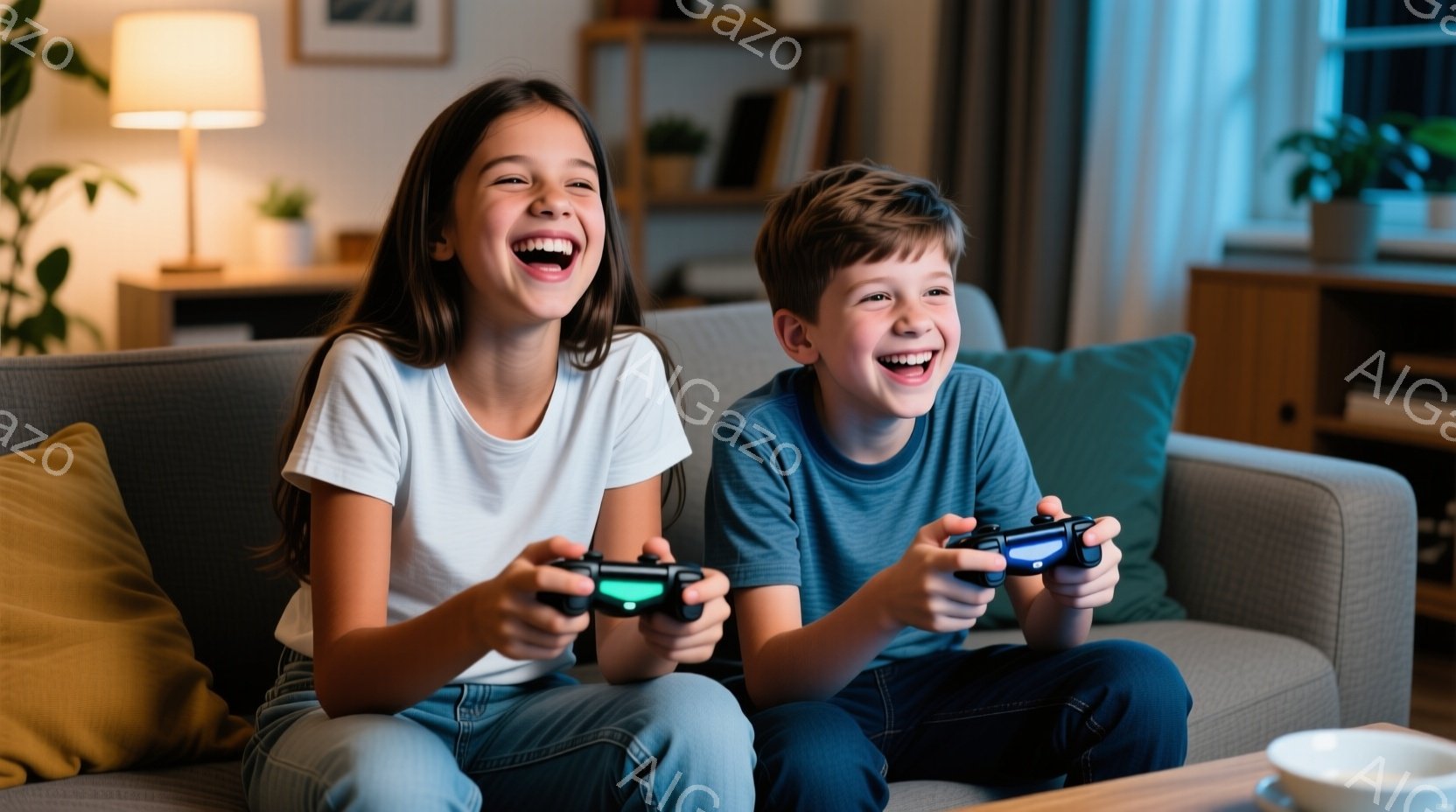 少年少女がソファーに座り、ゲームコントローラーを持って笑っています。少女は白いTシャツを着て髪を後ろで束ね、満面の笑顔を浮かべています。背景には落ち着いた色の家具や植物が見え、リビングルームの温かく快適な雰囲気を感じさせます。