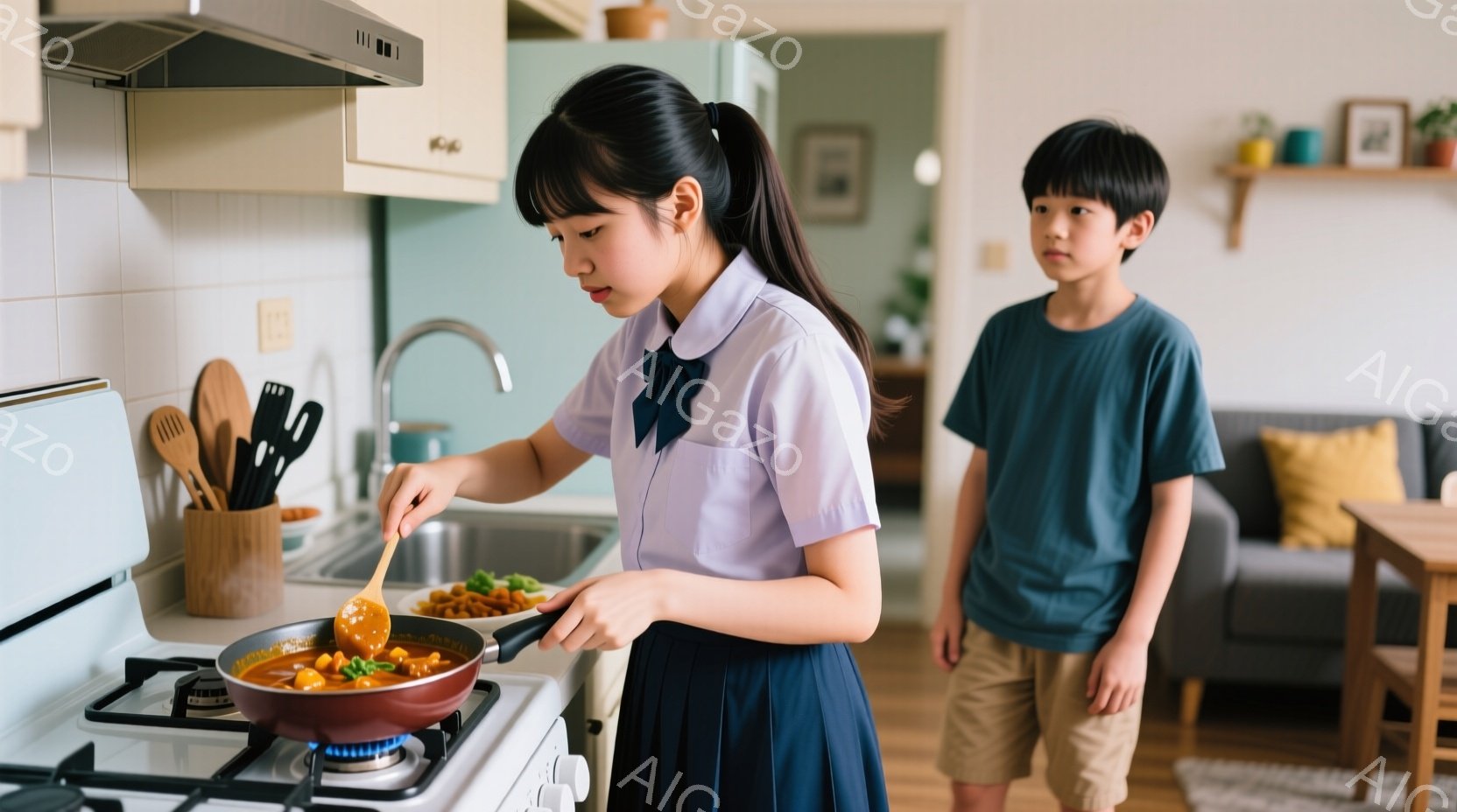茶髪の長い髪を後ろで一つに結んだ女子高生がキッチンで料理を作っている。紫色のブラウスに紺色のスカート姿で、フライパンの中身をスプーンで混ぜながら、真剣な表情で調理に集中している。背景には、木製のテーブルとソファが見え、リビングルームの一部と思われる空間が広がっており、暖かく家庭的な雰囲気を感じさせる。