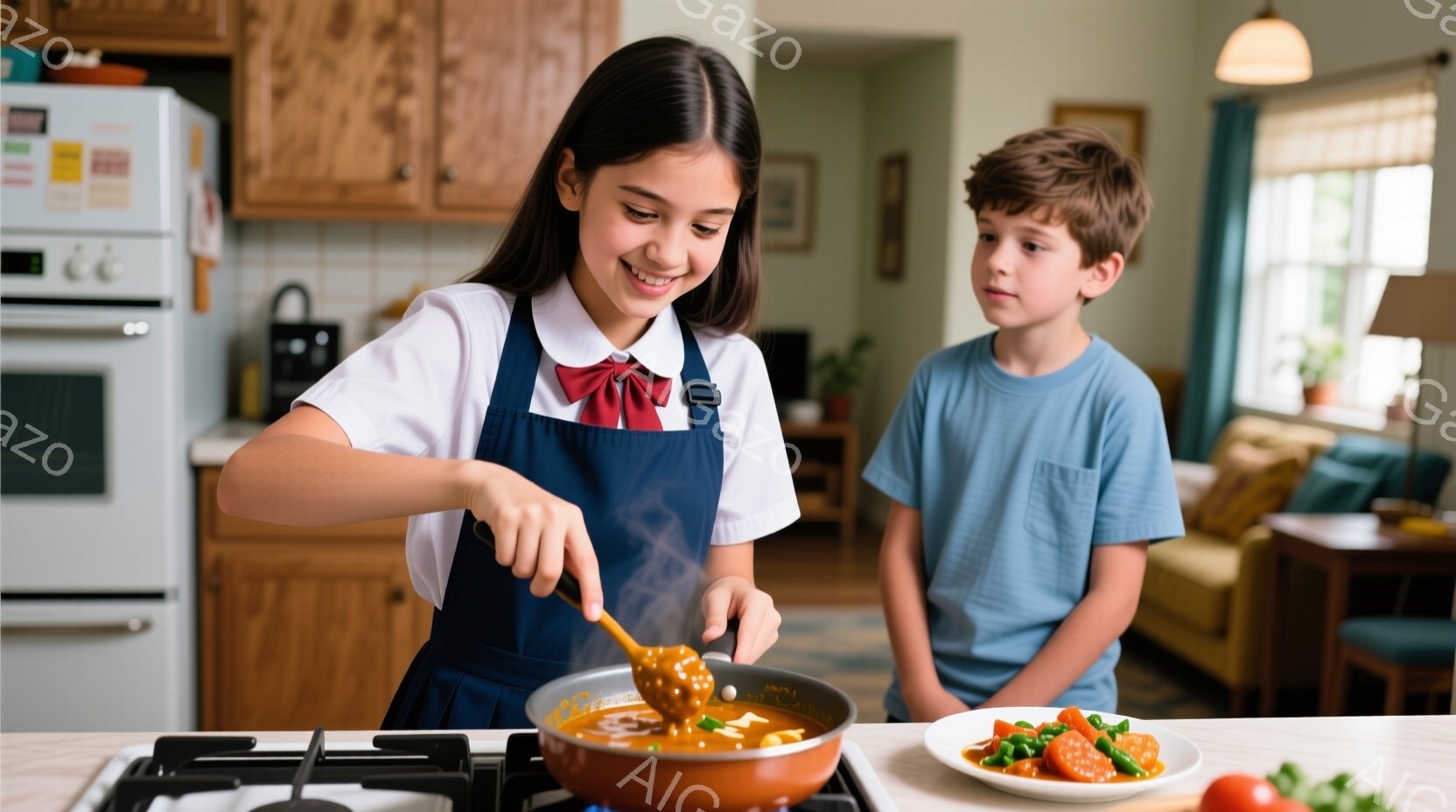 茶髪でカールした髪の少女がエプロンを着て、フライパンの中身をスプーンで混ぜています。笑顔で料理に集中しており、背景には少し離れて立っている少年がいます。キッチンは明るく、自然光が差し込み、家庭的な雰囲 - AI生成フリー素材