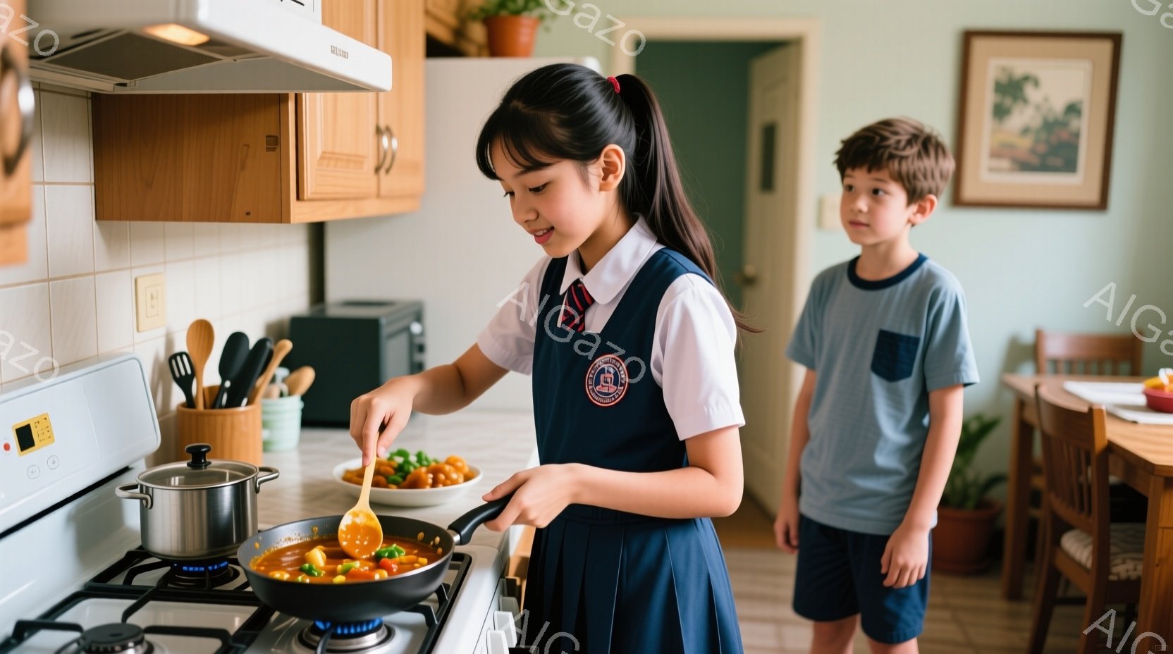 少女は学校の制服を着て、キッチンでフライパンをかき混ぜています。彼女は長い髪を後ろで結び、集中した表情で料理に取り組んでいます。背景にはダイニングテーブルと椅子、そして観葉植物が見え、家庭的な温かい雰囲気が漂っています。