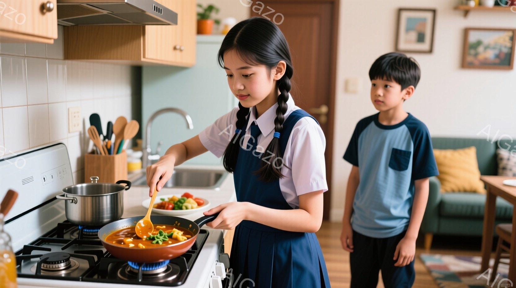 茶髪を二つに結んだ少女がエプロン姿でキッチンで料理をしている。フライパンを使い、何かを混ぜている様子で、真剣な表情を見せている。背景にはサラダの盛り合わせや、少し離れた場所に立っている少年が見え、家庭 - AI生成フリー素材