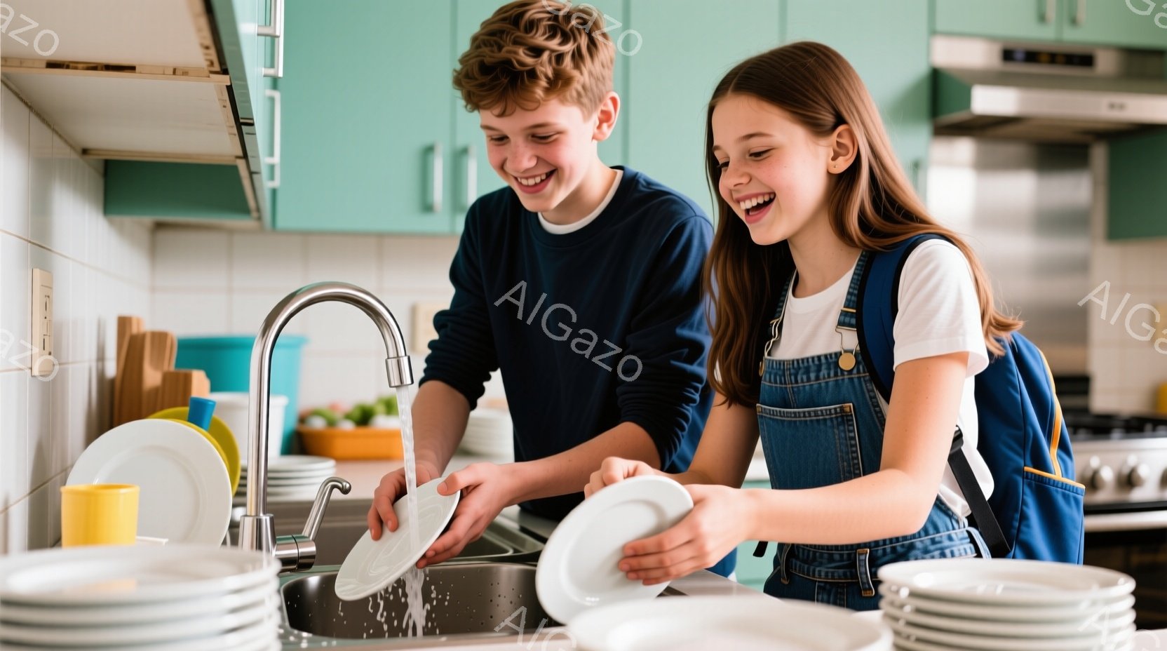 少年と少女がキッチンで食器を洗っています。少年は濃い青色のセーターを着ており、髪は短く整えられています。少女はデニムのオーバーオールを着て髪を後ろで束ねており、二人とも笑顔で楽しそうに作業しています。 - AI生成フリー素材