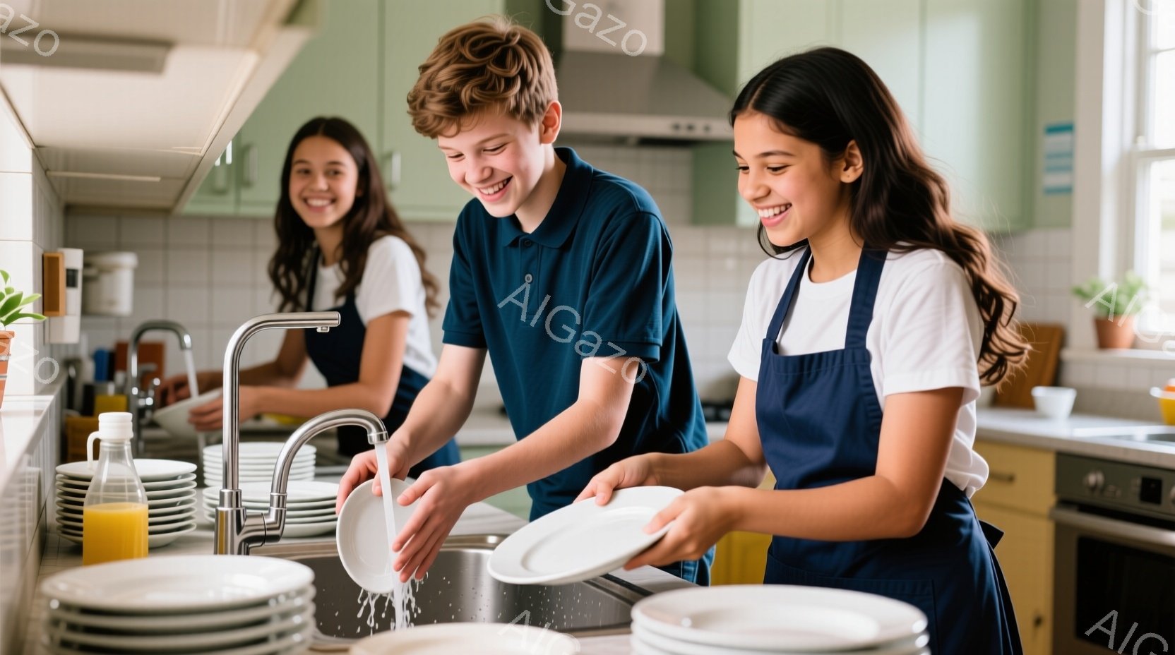 少年と少女がキッチンで皿洗いをしている様子が写っている。少年は濃い青色のポロシャツを着ており、少女は白いTシャツに濃い青色のエプロンをかけている。二人は笑顔で協力し、温かく家庭的な雰囲気が漂っている。 - AI生成フリー素材