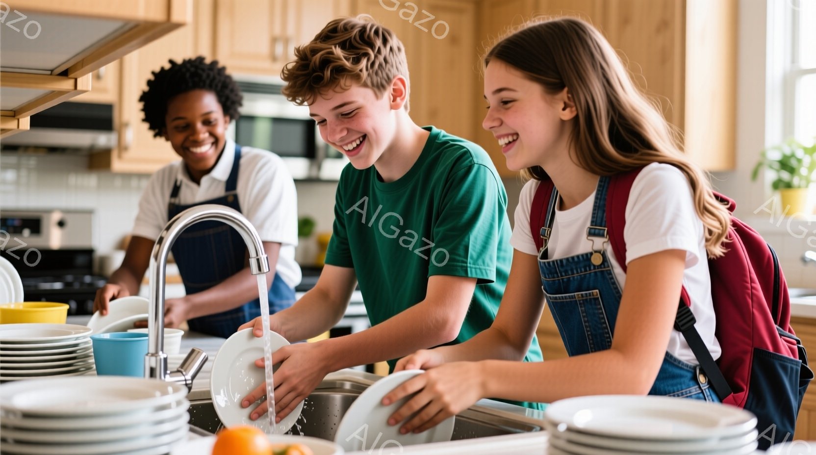 キッチンで食器を洗う若い男女が写っています。少年は緑のTシャツを着ていて、少女はデニムのオーバーオールを着ています。二人は笑顔で、楽しく家事をしている様子が伝わってきます。
