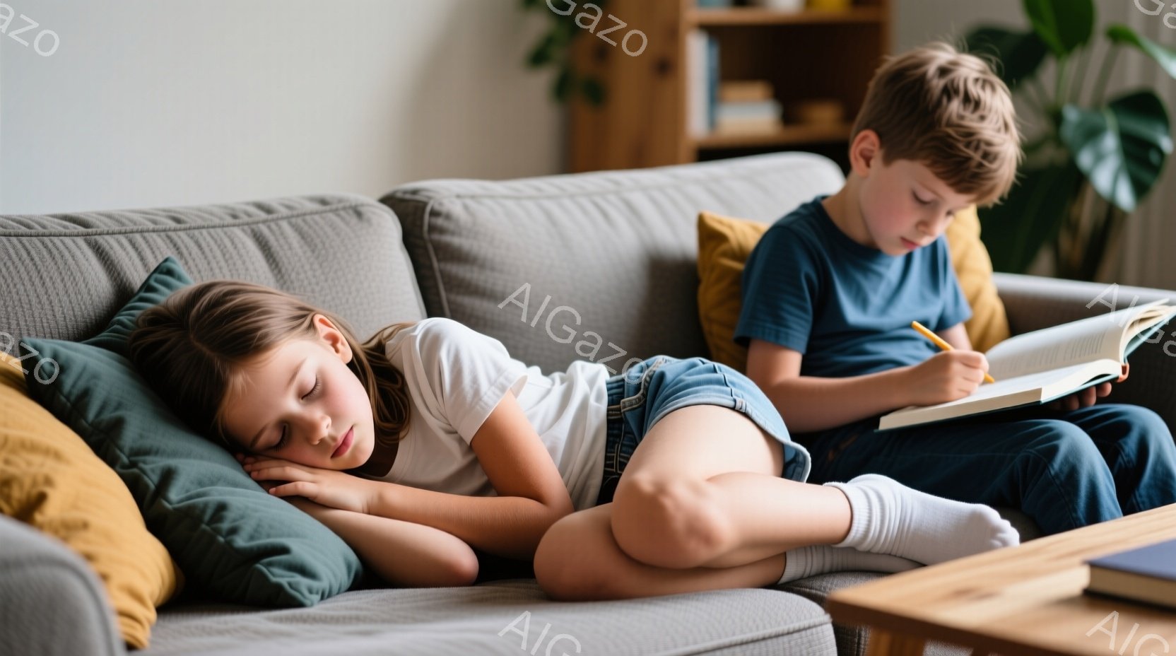 少女は灰色のソファに横たわり、目を閉じて眠っている。彼女は白いTシャツとデニムのショートパンツを着て、白い靴下を履いている。背景には、本棚と植物があり、暖かく穏やかな家庭的な雰囲気を感じさせる。 - AI生成フリー素材