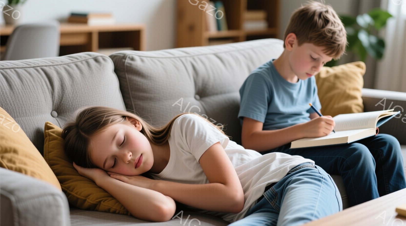 灰色のソファに横たわる少女と、本を読みながら勉強している少年が写っています。少女は白いTシャツとジーンズを着ており、目を閉じて眠っています。背景には木製の棚と観葉植物が見え、室内は明るく穏やかな雰囲気 - AI生成フリー素材