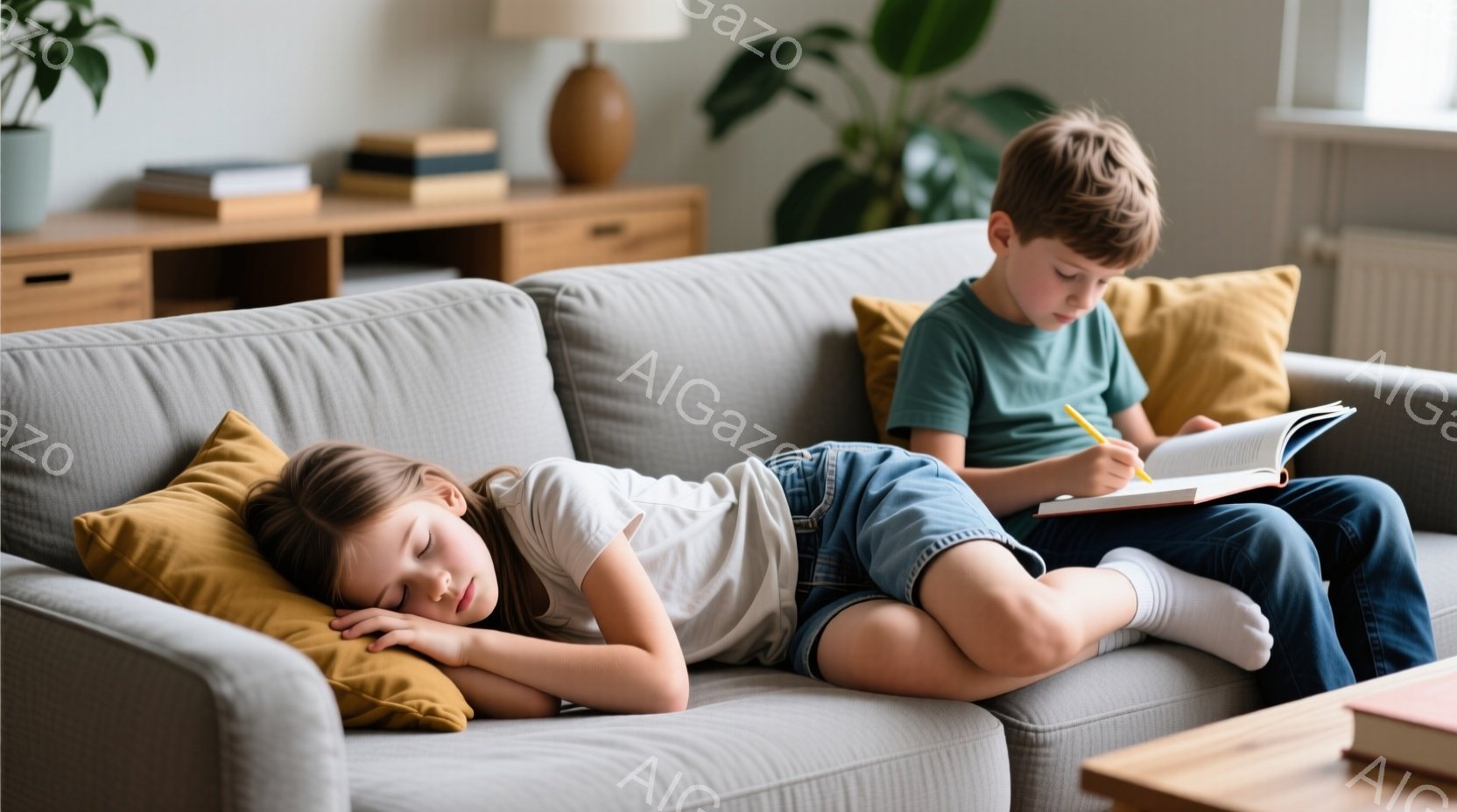 ソファの上で眠っている少女と、本を読んでいる少年の姿が描かれています。少女はデニムのオーバーオール姿で、明るい髪を無造作に広げ、安らかな表情で眠っています。少年はジーンズと緑のTシャツを着て、膝の上で - AI生成フリー素材
