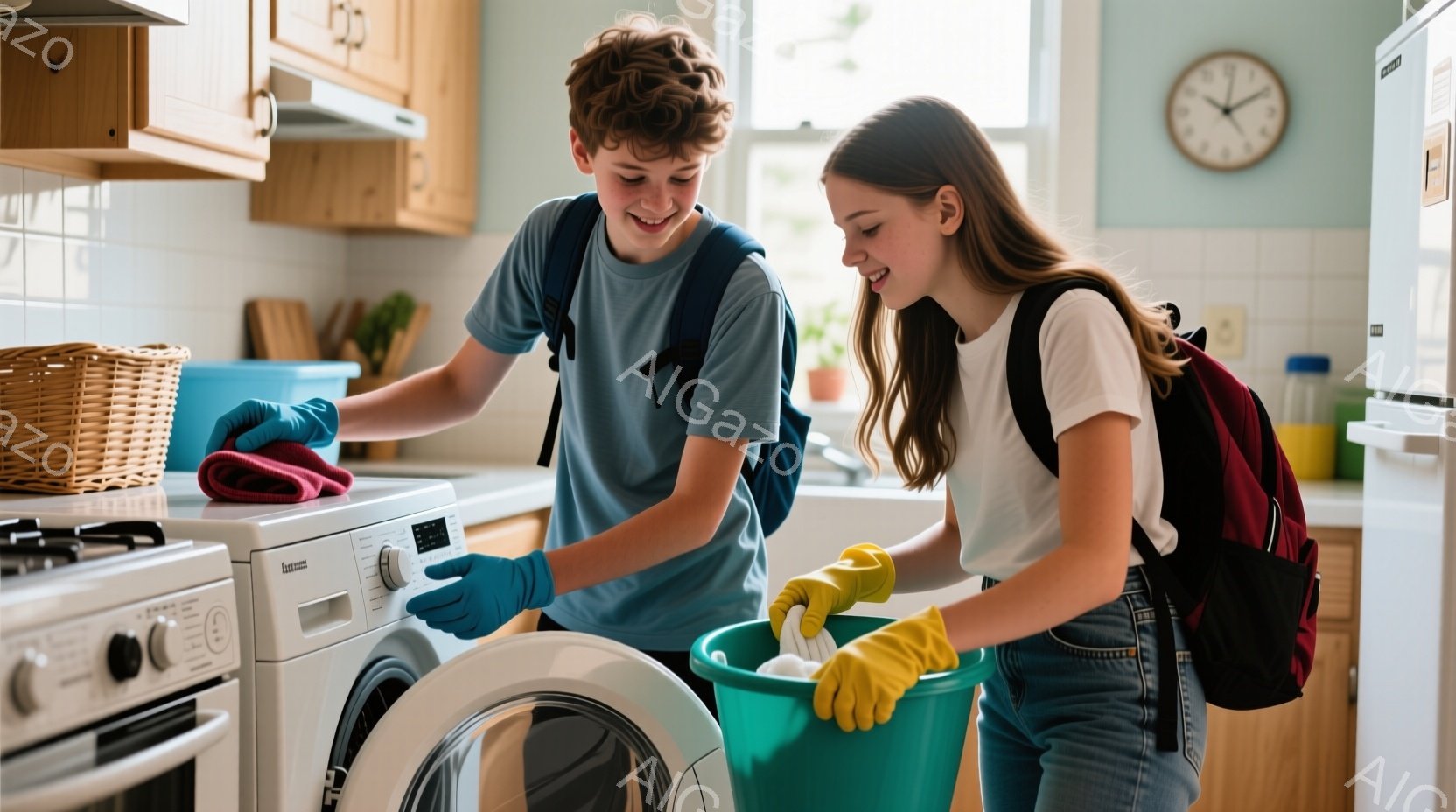 少年と少女が洗濯機の前で洗濯物を扱っている。少年は青いTシャツとジーンズを着ており、巻き毛の髪型で、笑顔で洗濯物を拭いている。少女は白いTシャツとジーンズを着ており、長い髪を後ろでまとめ、緑色のバケツ - AI生成フリー素材