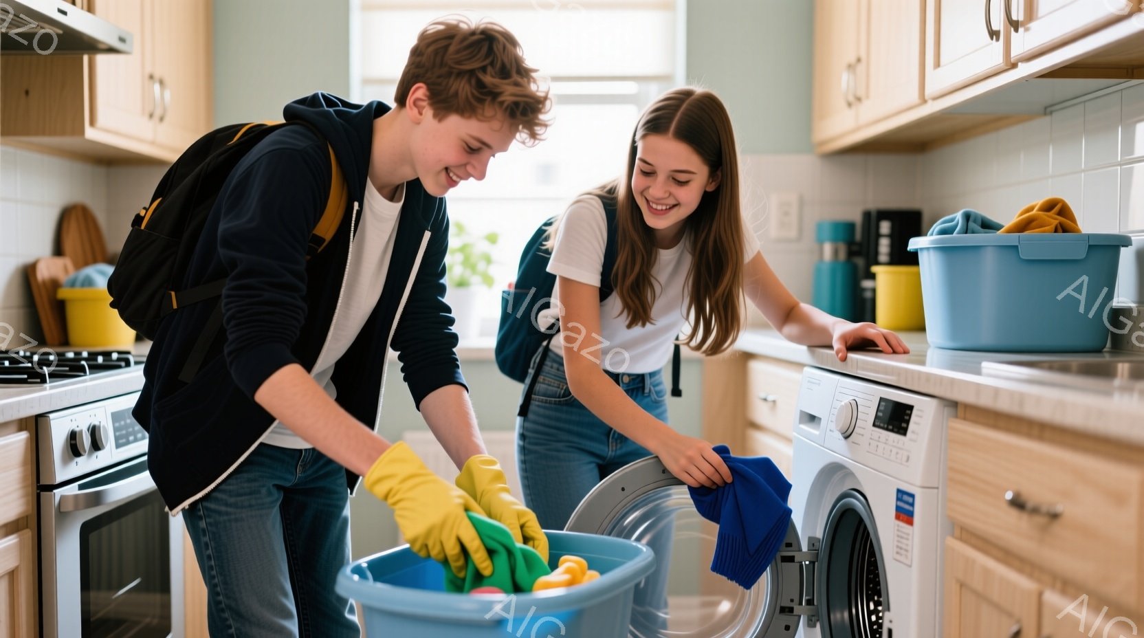若い男性と女性が洗濯物をしている室内が写っている。男性は黒いパーカーにジーンズ姿で、ゴム手袋をつけ、青い洗濯かごに洗濯物を入れている。女性は白いTシャツにジーンズ姿で、洗濯機のそばに立ち、笑顔で洗濯物を洗濯機に詰めている様子で、室内は明るく、清潔感がある。