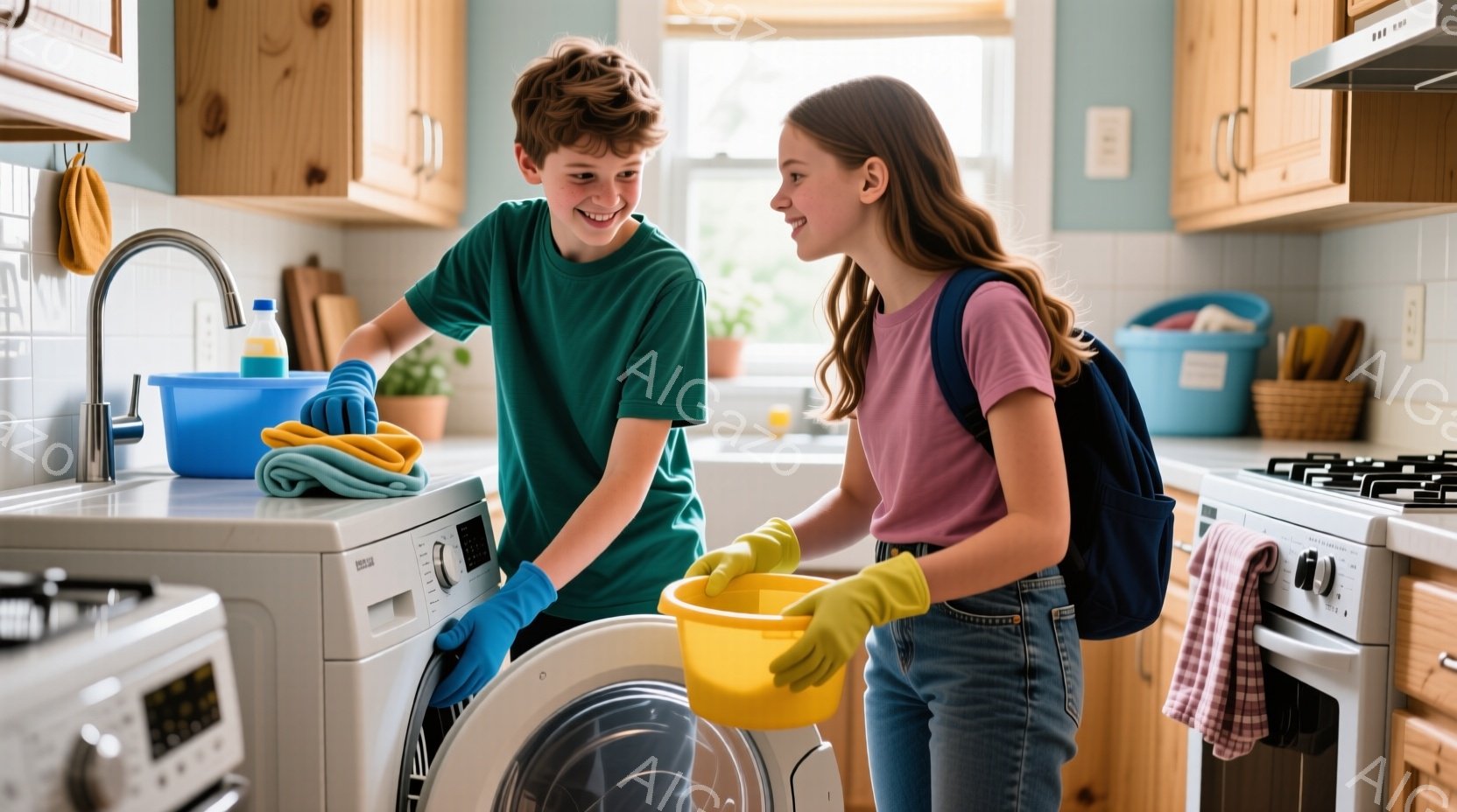 少年と少女が洗濯機の前で洗濯をしている様子が写っている。少年は緑のTシャツを着ていて、髪は短く、笑顔で洗濯機を拭いている。少女はピンクのシャツとジーンズを着ていて、髪は長く、リュックサックを背負いながら、黄色い洗濯物を抱えている。