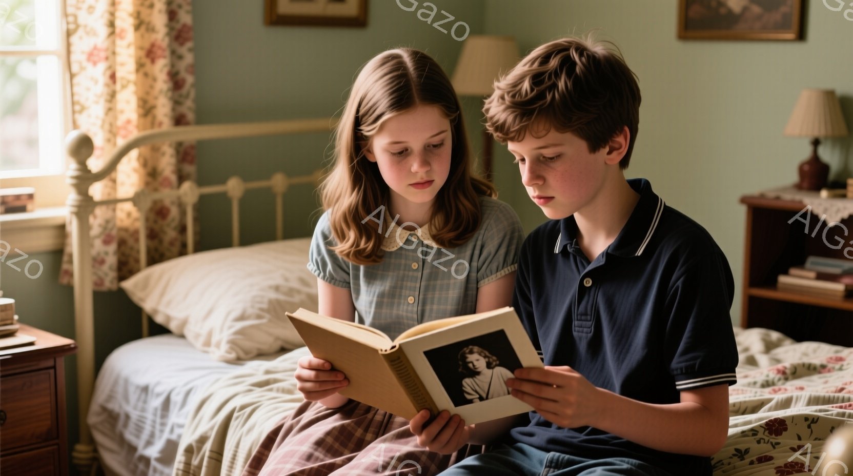少女と少年がベッドに座り、古びた写真アルバムを開いて見つめている。少女は襟付きの青いワンピースを着ており、髪は肩まで伸ばして左右に分けている。少年は紺色のポロシャツを着ており、少し前かがみになりながらアルバムをじっと見つめており、背景には木製のナイトテーブルと古いランプが置かれた寝室が広がっている。