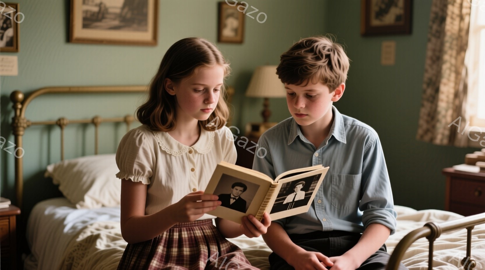少女と少年がベッドに座り、古い写真アルバムを見ている。少女はチェック柄のスカートに白いブラウスを着ており、髪は肩まで伸びており、真剣な表情でアルバムを見つめている。少年は青いシャツを着ており、アルバムに集中した様子で、背景には飾り気のない部屋と窓から差し込む光が暖かさを添えている。