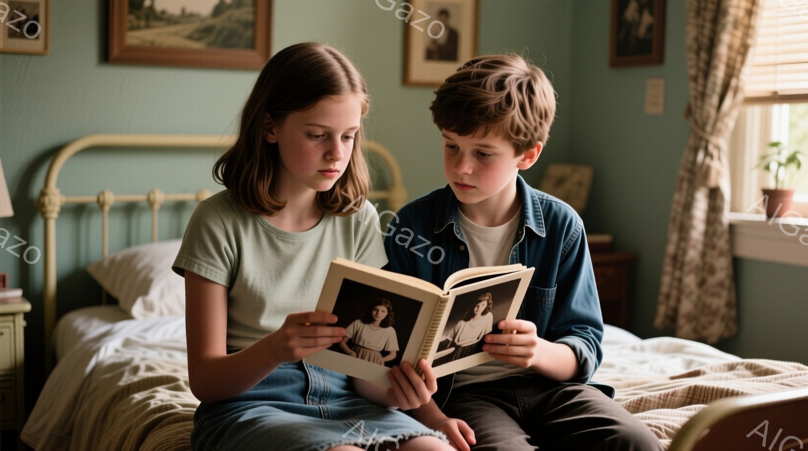 少女と少年がベッドに並んで座り、古びた写真アルバムを見ている。少女は緑色のTシャツとスカートを着ており、髪は肩までの長さで自然なウェーブがかかっている。少年は青いシャツを着ており、少し困ったような表情を浮かべているが、二人とも写真に集中している様子で、全体的にノスタルジックで穏やかな雰囲気である。