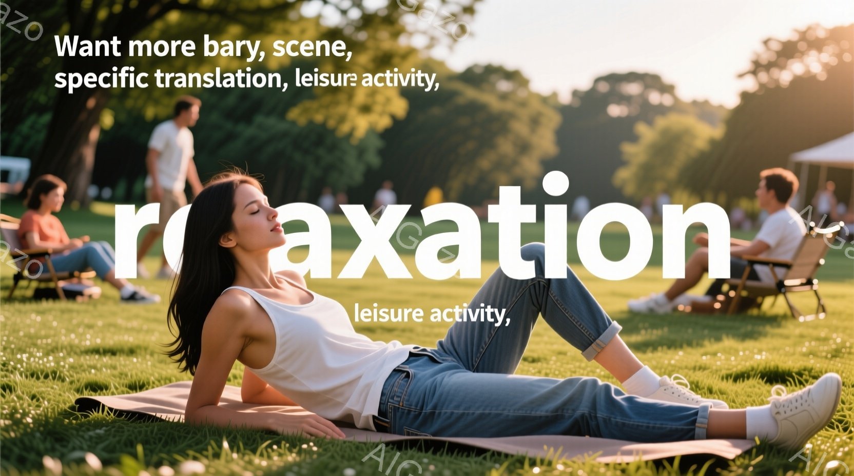 緑豊かな芝生の上で、女性が仰向けに横たわっています。白いタンクトップとデニムのジーンズを着用し、白いスニーカーを履いており、リラックスした表情で目を閉じ、日差しを楽しんでいます。背景には、木々や人々が - AI生成フリー素材