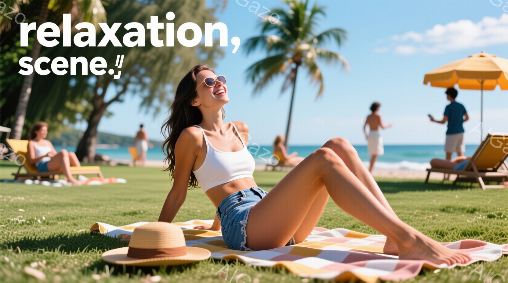 緑の芝生の上で、日焼けした女性が横たわっており、白いタンクトップとデニムのショートパンツを着ています。彼女はサングラスをかけ、顔を太陽に向けて笑みを浮かべており、麦わら帽子が近くに置かれています。背景 - AI生成フリー素材