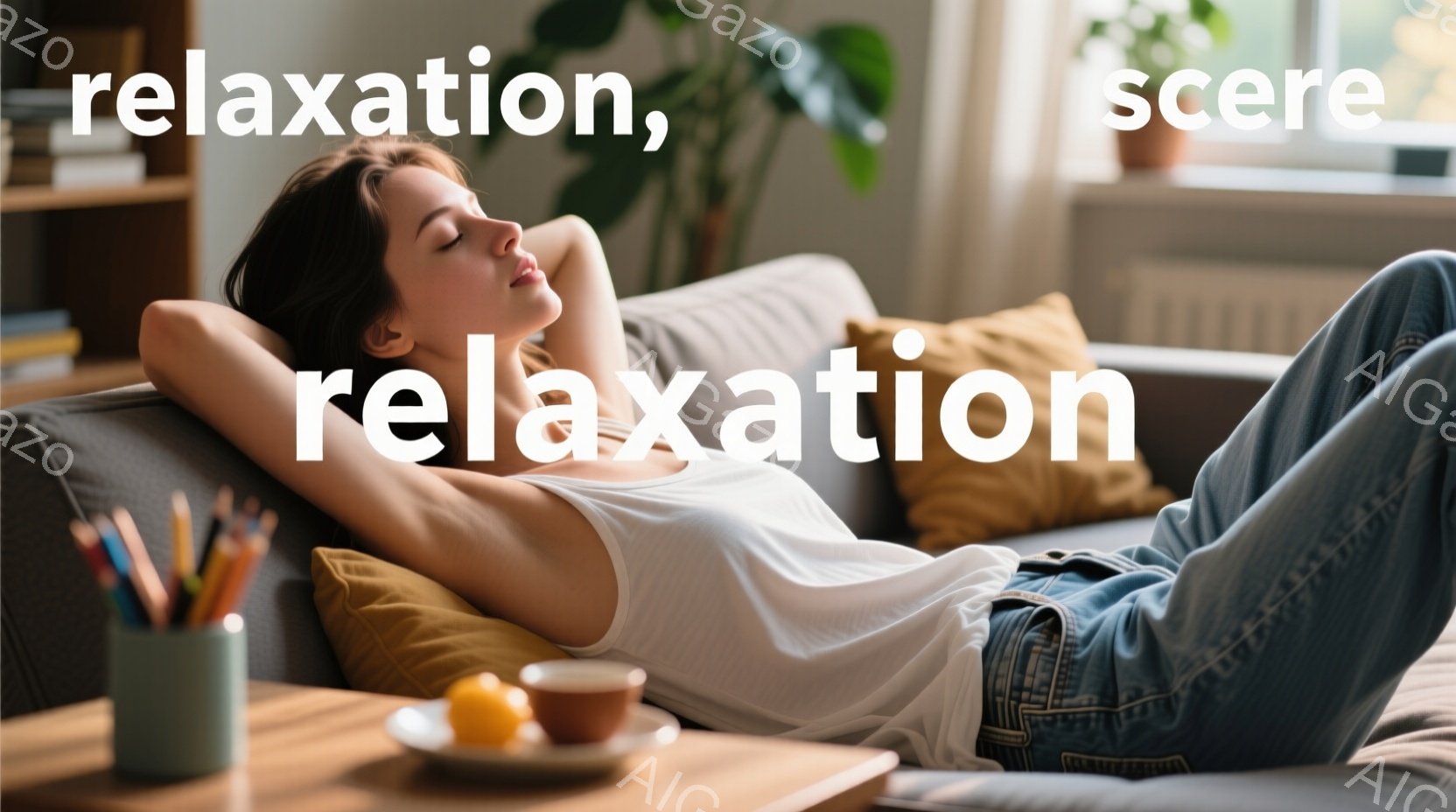 白いタンクトップとジーンズを着た女性が、灰色のソファに横たわってリラックスしています。目は閉じ、顔は穏やかで、両腕は頭の後ろで組み、快適な姿勢をとっています。背景には、植物、本、色鉛筆、飲み物と果物が - AI生成フリー素材