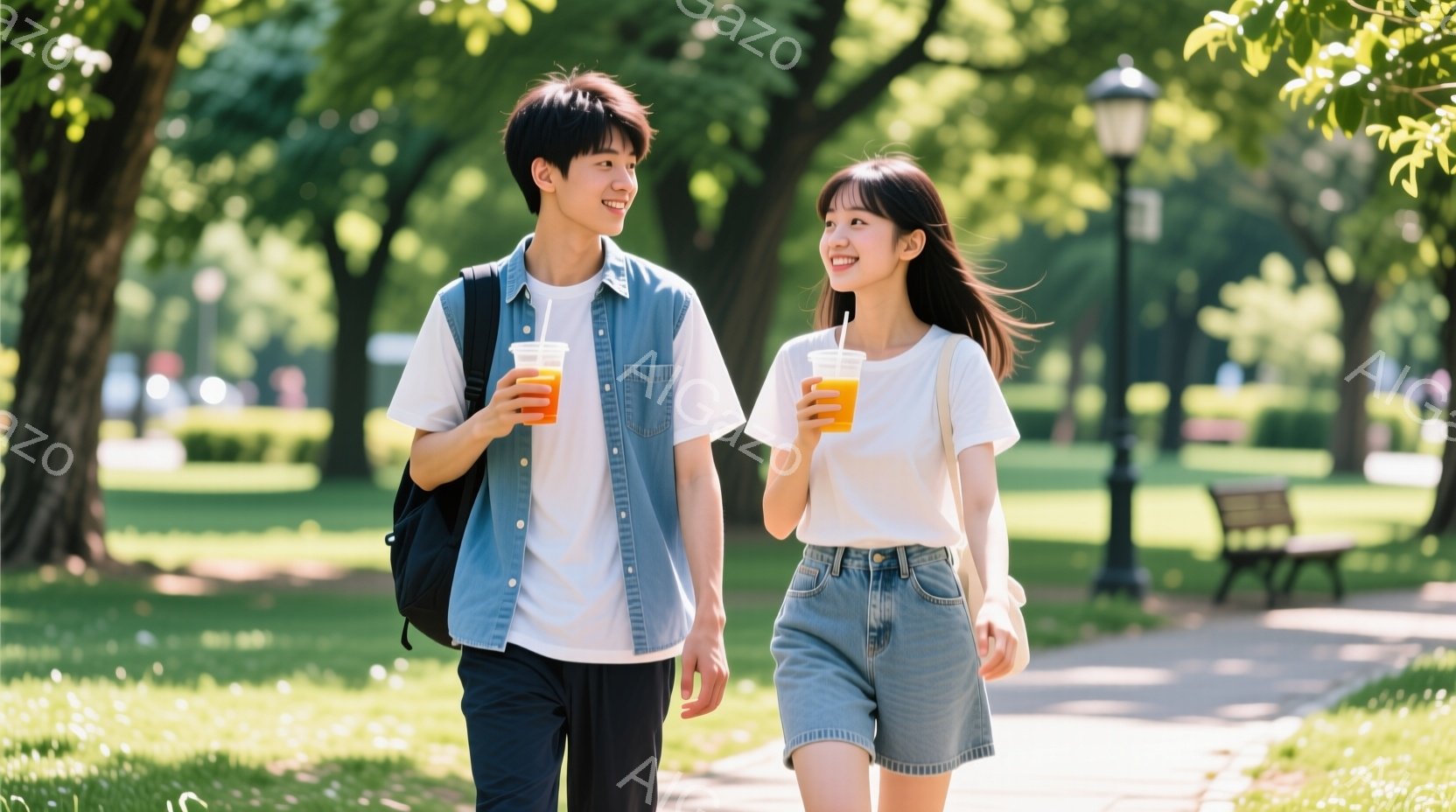 若い男女が並んで歩いており、それぞれオレンジジュースのような飲み物を手に持っています。男性は白いTシャツに薄いブルーのシャツを羽織り、黒いリュックを背負っています。女性は白いTシャツに淡いブルーのショ - AI生成フリー素材