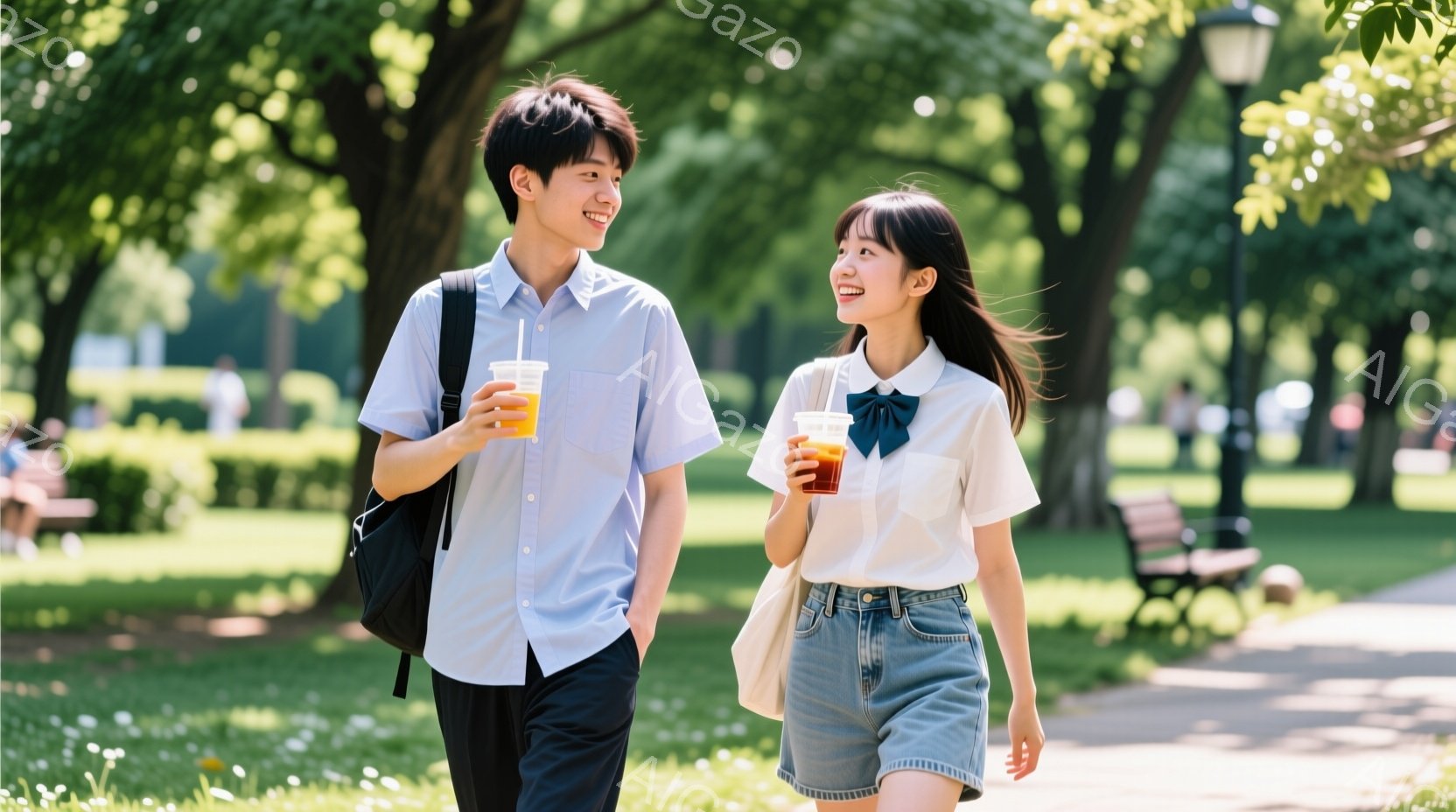 若い男女が公園の道を並んで歩いている。男性は水色のシャツに黒いズボンを着用し、女性は白いブラウスにデニムのショートパンツを身につけている。二人はそれぞれ飲み物を持っており、笑顔で互いに視線を合わせてい - AI生成フリー素材