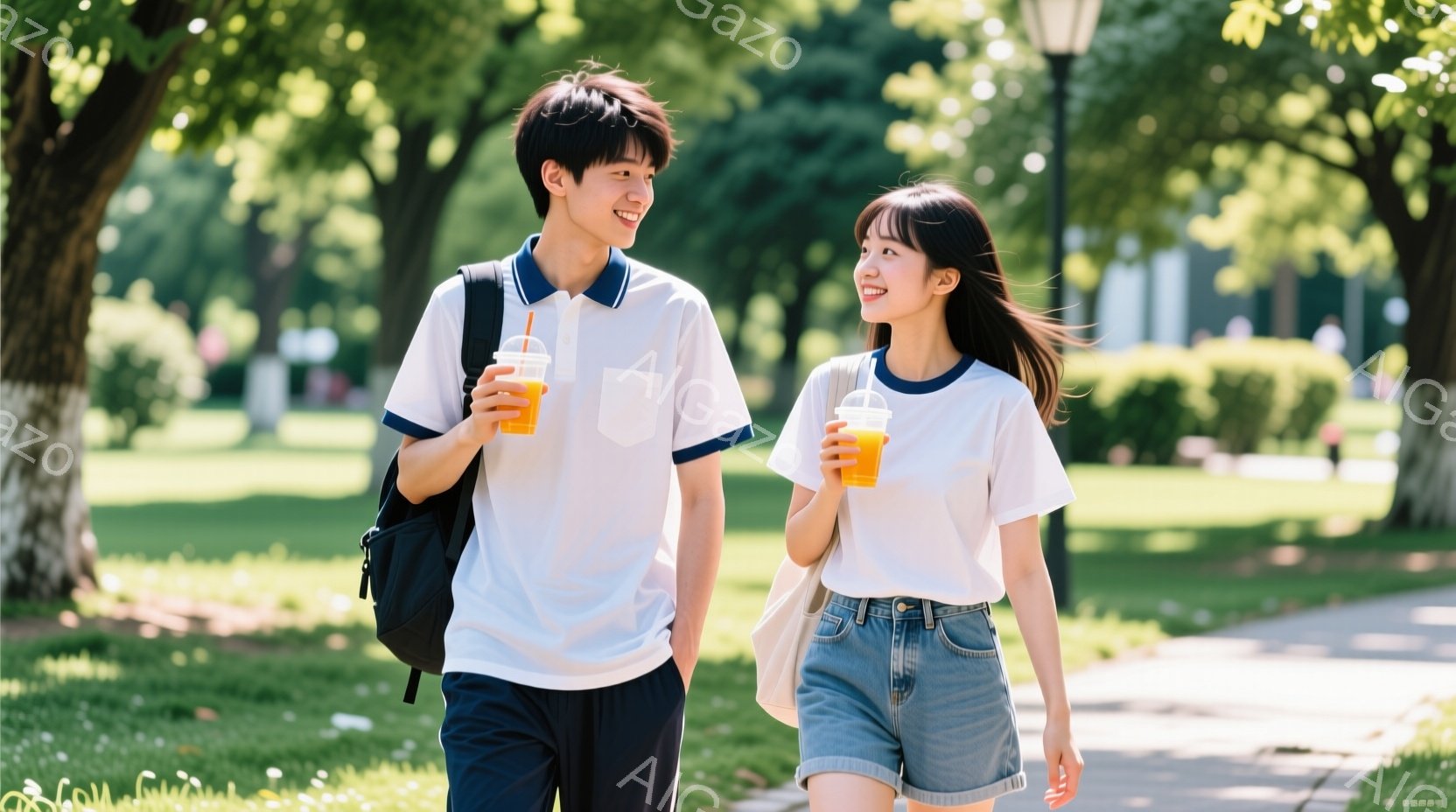 若い男女が公園を並んで歩いている。男性は白いポロシャツに紺色のズボンを着用し、女性は白いTシャツにデニムのショートパンツを着ている。二人はオレンジ色の飲み物を手に持ち、リラックスした笑顔で互いに視線を - AI生成フリー素材