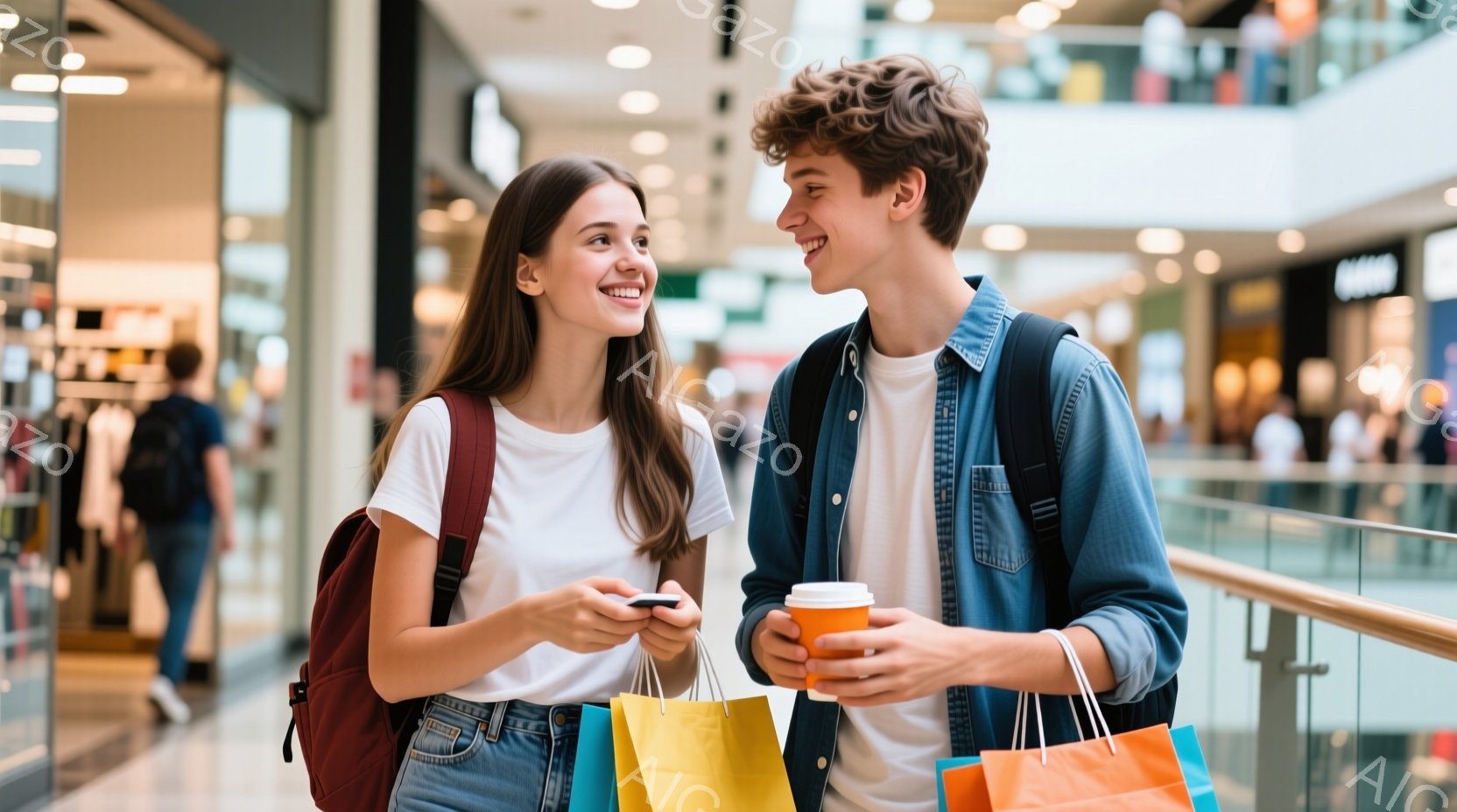 若い女性と男性がショッピングモールで寄り添って歩いています。女性は白いTシャツとデニムショートパンツを着て、リュックサックを背負い、ショッピングバッグを持っています。男性は青いシャツの上に白いTシャツ - AI生成フリー素材