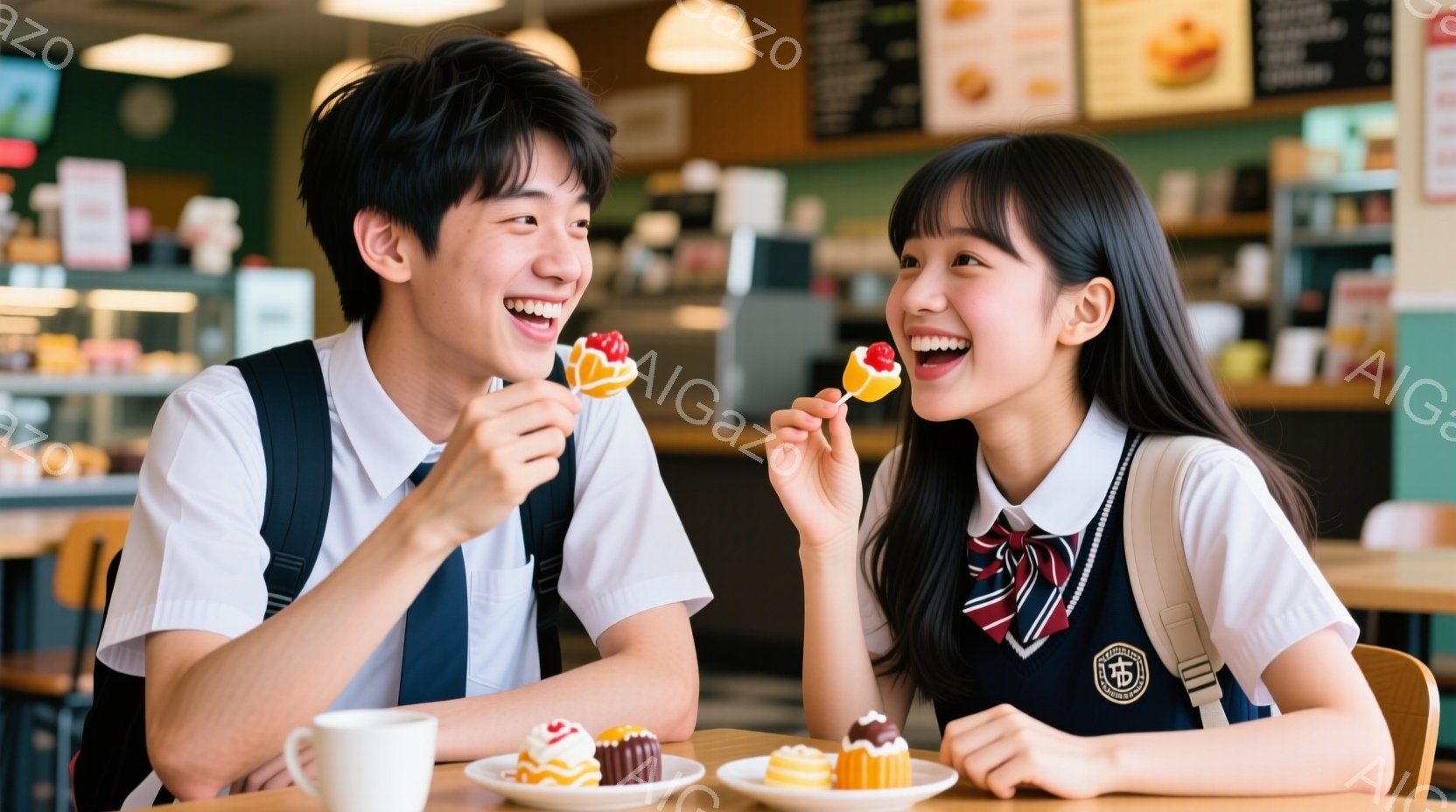 制服を着た若い男女が、お菓子を美味しそうに食べている様子が写っています。男性は黒髪で、笑顔を見せながら黄色いお菓子を手にしています。女性も笑顔で、同じく黄色いお菓子を口に近づけており、背景にはカフェの - AI生成フリー素材