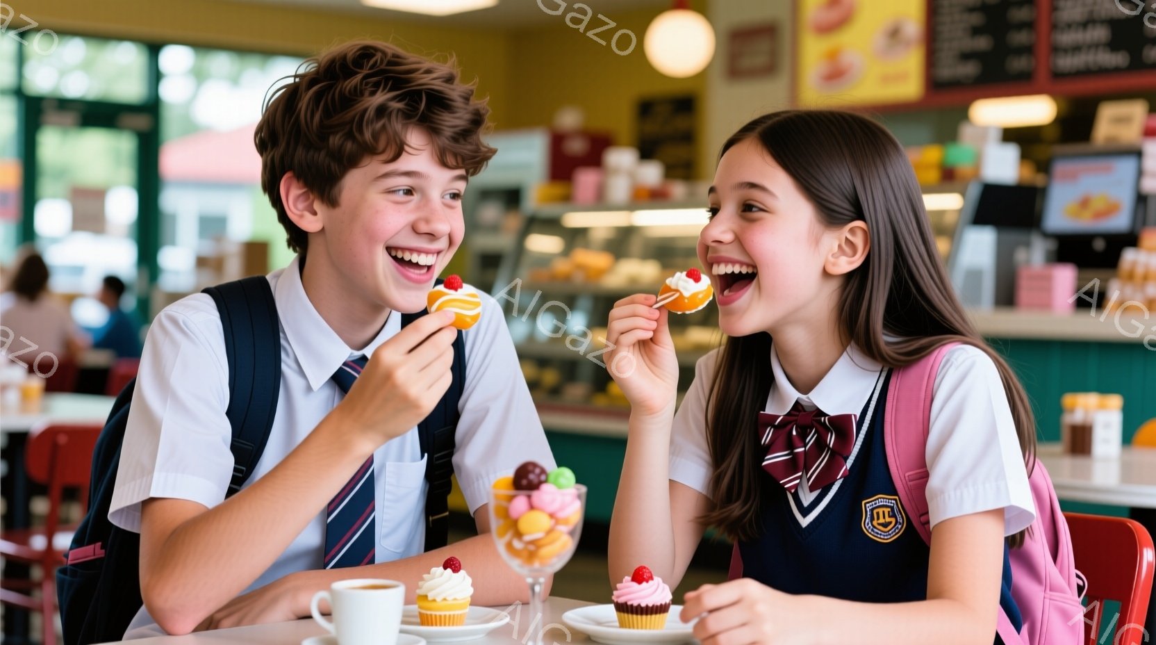 二人の子供が、明るいカフェでデザートを楽しんでいる様子が写っている。少年は茶色の巻き毛で、制服を着ており、満面の笑みで何かを食べている。少女も同様に制服を着ており、大きく口を開けてデザートを味わってい - AI生成フリー素材