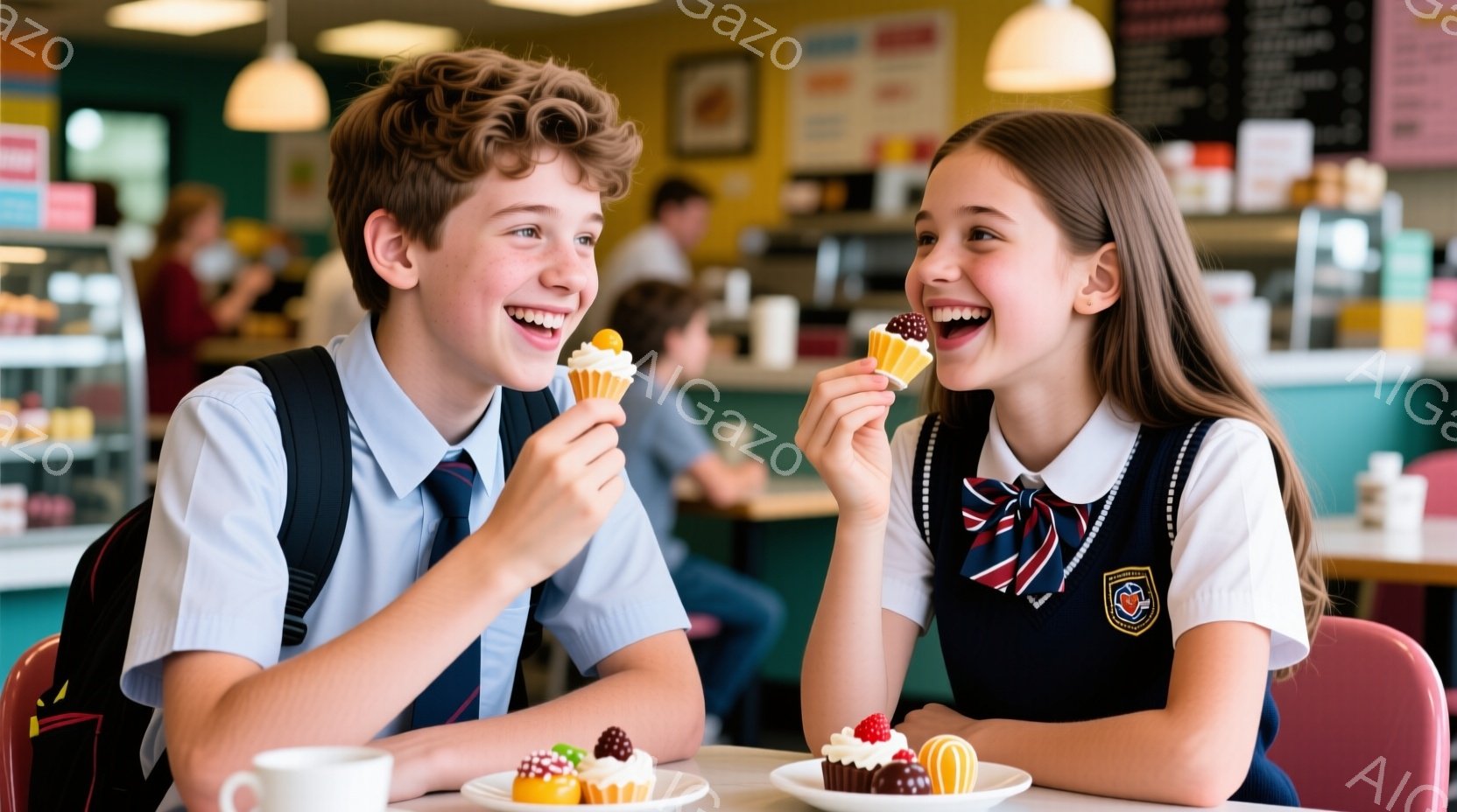 少年と少女は、カフェのような場所で、それぞれケーキを手に楽しそうに微笑んでいます。少年は巻き毛で、制服にネクタイをしており、少女は三つ編みで同じ制服を着ています。背景には、ケーキが並んだショーケースと - AI生成フリー素材