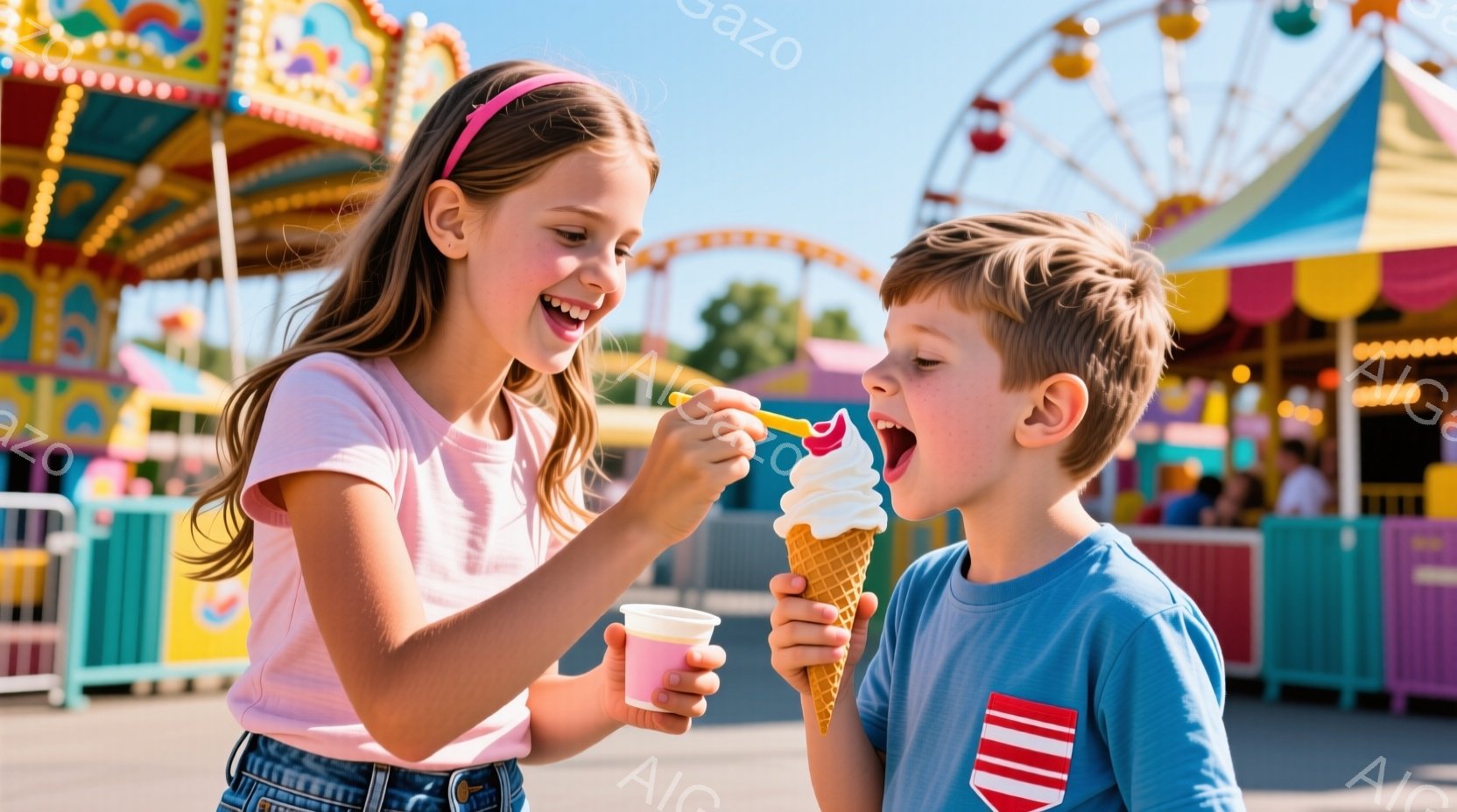 少女が少年においしそうなソフトクリームをスプーンで分けている様子が写っています。少女はピンクのTシャツとジーンズ姿で、髪を後ろで結び、笑顔で楽しんでいます。背景には遊園地の乗り物や賑やかな雰囲気が広が - AI生成フリー素材