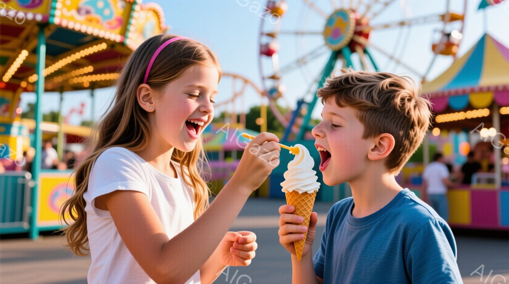 少女はピンク色のヘアバンドをつけ、明るい笑顔でアイスクリームを男の子の口元に近づけている。男の子は青いTシャツを着て口を開けてアイスクリームを受け入れようとしており、二人とも楽しそうにしている。背景に - AI生成フリー素材