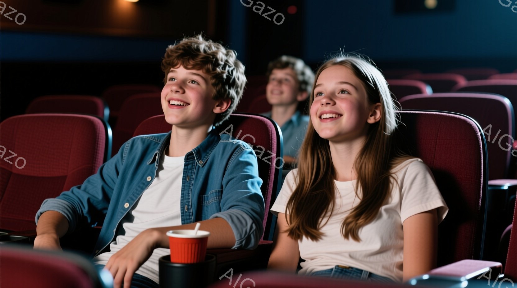 映画館の赤い座席に座っている若い男女が写っている。少年は白いTシャツに青いシャツを着ており、巻き毛の髪型で、満面の笑みを浮かべている。少女は同じく白いTシャツを着ており、長い茶色の髪を後ろに流し、同じように笑顔で、彼らは映画に夢中になっているようだ。