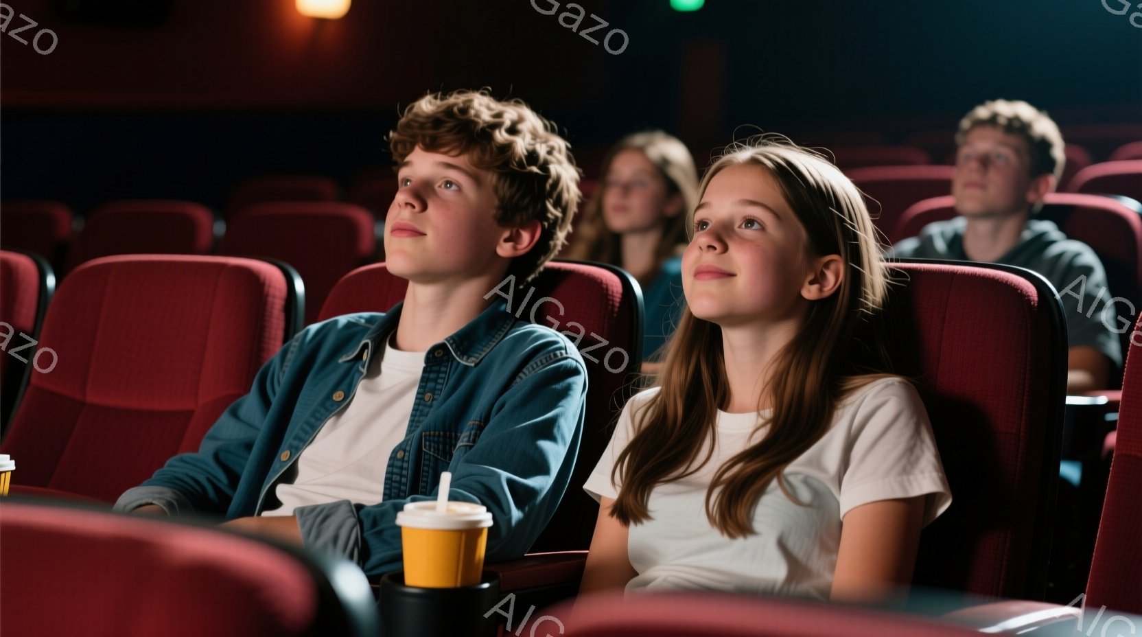 映画館の座席に座る少年と少女が写っている。少年は、カーリーヘアで、デニムジャケットと白いTシャツを着ており、顔は少し上を見ている。少女は、長い茶髪で白いTシャツを着ており、顔もスクリーンを見上げ、映画 - AI生成フリー素材
