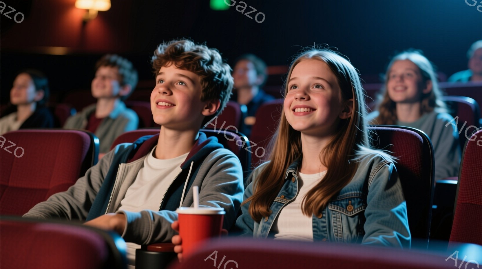 映画館の座席に座っている少年少女が写っています。少年は巻き毛で灰色のパーカーを着ており、少女は三つ編みでデニムジャケットを着ています。二人は皆笑顔で、映画の画面を見上げている様子から、楽しんでいること - AI生成フリー素材