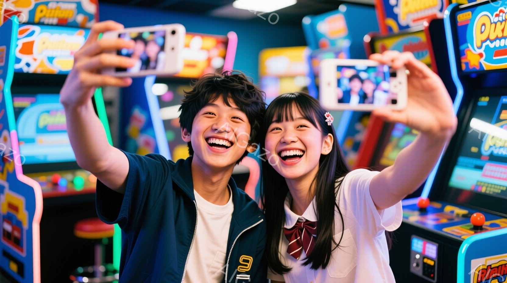 若い男女がゲームセンターで自撮りをしています。男性は白いTシャツに紺色のジャケットを着ており、女性は白いブラウスとチェックのスカートを着用し、髪には小さな花飾りをつけています。二人は満面の笑みを浮かべ - AI生成フリー素材