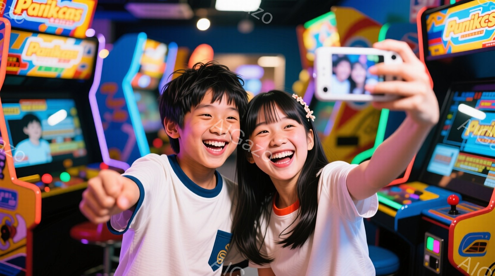 若い男女がゲームセンターで自撮りをして楽しんでいます。彼らは白いTシャツに青い縁取りがあり、笑顔でカメラに向かってポーズをとっています。背景にはカラフルなゲーム機が並び、活気のあるゲームセンターの雰囲気が伝わってきます。