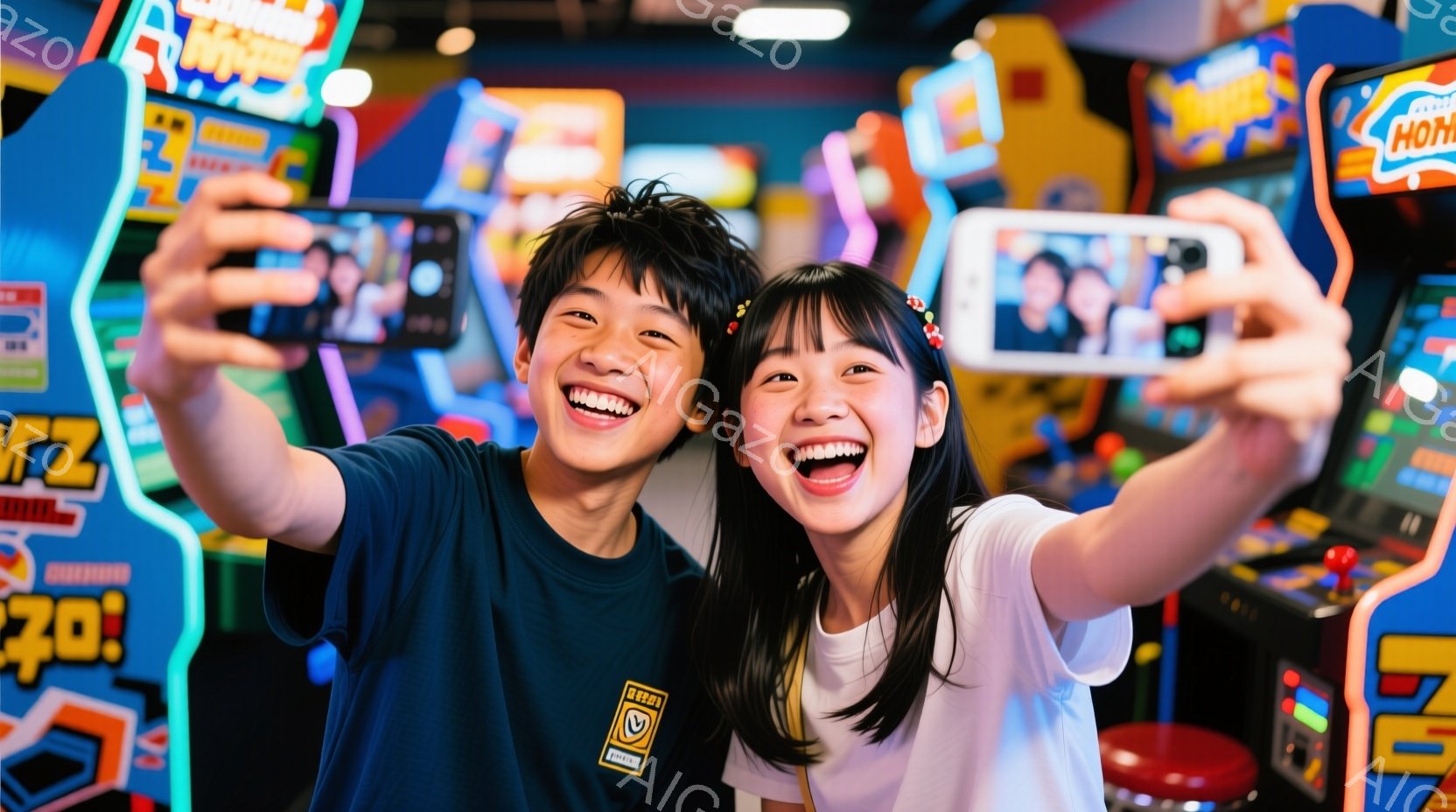 若い男女がアーケードゲームの前で自撮りをして楽しんでいます。男性は青いTシャツを着ており、女性はピンク色のヘアアクセサリーをつけています。背景には様々なゲーム機が光り、賑やかな雰囲気の中で二人は満面の笑みを浮かべています。