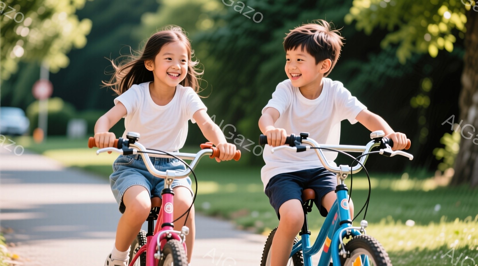 少女と少年が、それぞれピンクと青の自転車に乗り、明るい道を走っている。二人は白いTシャツを着ており、少女は髪を後ろで結んで、少年は短髪で、共に満面の笑みを浮かべている。背景には緑豊かな木々や草が生い茂 - AI生成フリー素材