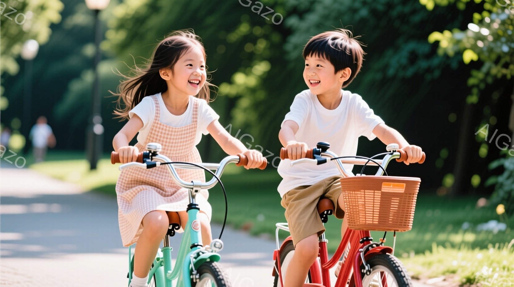 少女と少年が自転車に乗って、明るい道を走っています。少女はオレンジ色の水玉模様のワンピースを着ており、髪は風になびいています。少年は白いTシャツとベージュ色のズボンを着用し、自転車のカゴが特徴的で、二人とも満面の笑顔で楽しそうにしています。