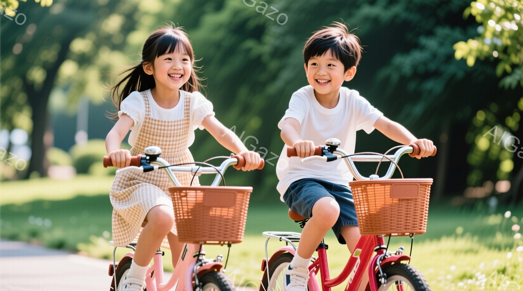 二人の子供が赤い自転車に乗って笑顔で走っています。女の子は黄色いワンピースを着て、髪を後ろでリボンで結んでいます。背景には緑豊かな木々があり、晴れた日の穏やかな雰囲気が漂っています。 - AI生成フリー素材
