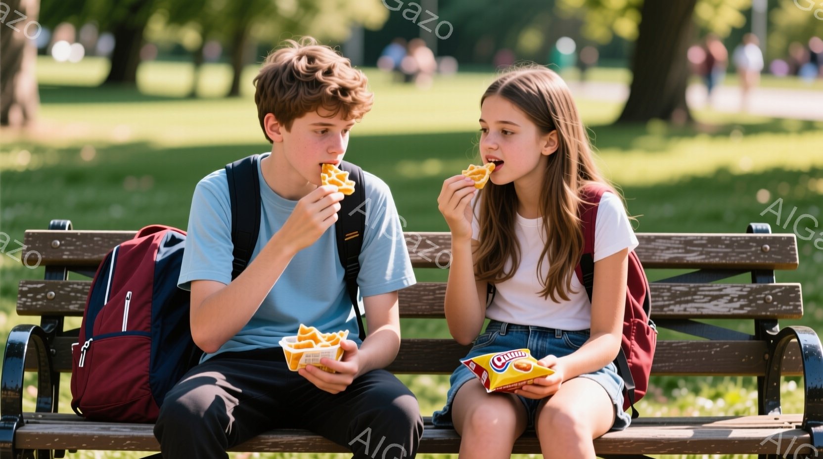 公園のベンチに座る少年と少女が描かれています。少年は青いTシャツと黒いズボンを着用し、カールした茶色の髪をしています。少女は緑のスカートと白いTシャツを着ており、長い茶色の髪をしています。二人はスナッ - AI生成フリー素材