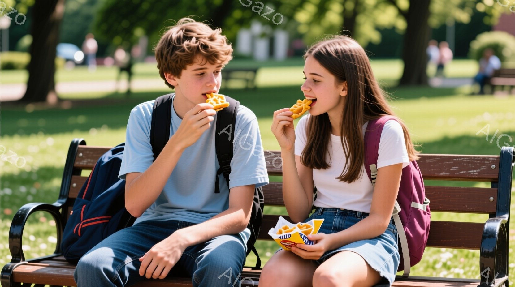 若い男女が公園のベンチに座り、スナック菓子を食べている。少年は青いTシャツとジーンズを着ており、少し微笑んでいる。少女は白いTシャツとデニムスカートを着ており、同じようにスナック菓子を口にしている。背 - AI生成フリー素材