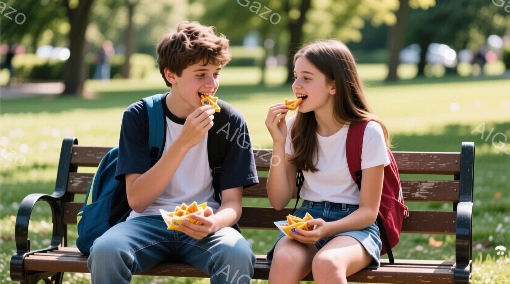公園のベンチに座る少年と少女が、オレンジ色のスナック菓子を食べている。少年は濃い茶色の巻き毛で、濃い青色のTシャツとジーンズを着用しており、明るい笑顔を見せている。少女は長く茶色の髪を肩まで垂らし、白いTシャツに水色のスカートを着用、同じく笑顔でスナック菓子を楽しんでいる。