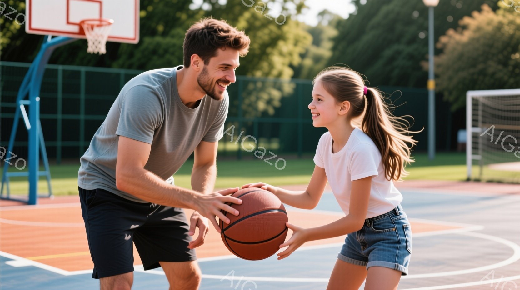 少年と少女がバスケットボールコートでバスケットボールをしています。男の子は濃い色の半ズボンとグレーのTシャツを着て、女の子はデニムのショートパンツと白いTシャツを着ており、両者とも笑顔でボールに集中しています。背景にはバスケットゴールと緑豊かな木々が見え、晴れた日の穏やかな雰囲気が漂っています。