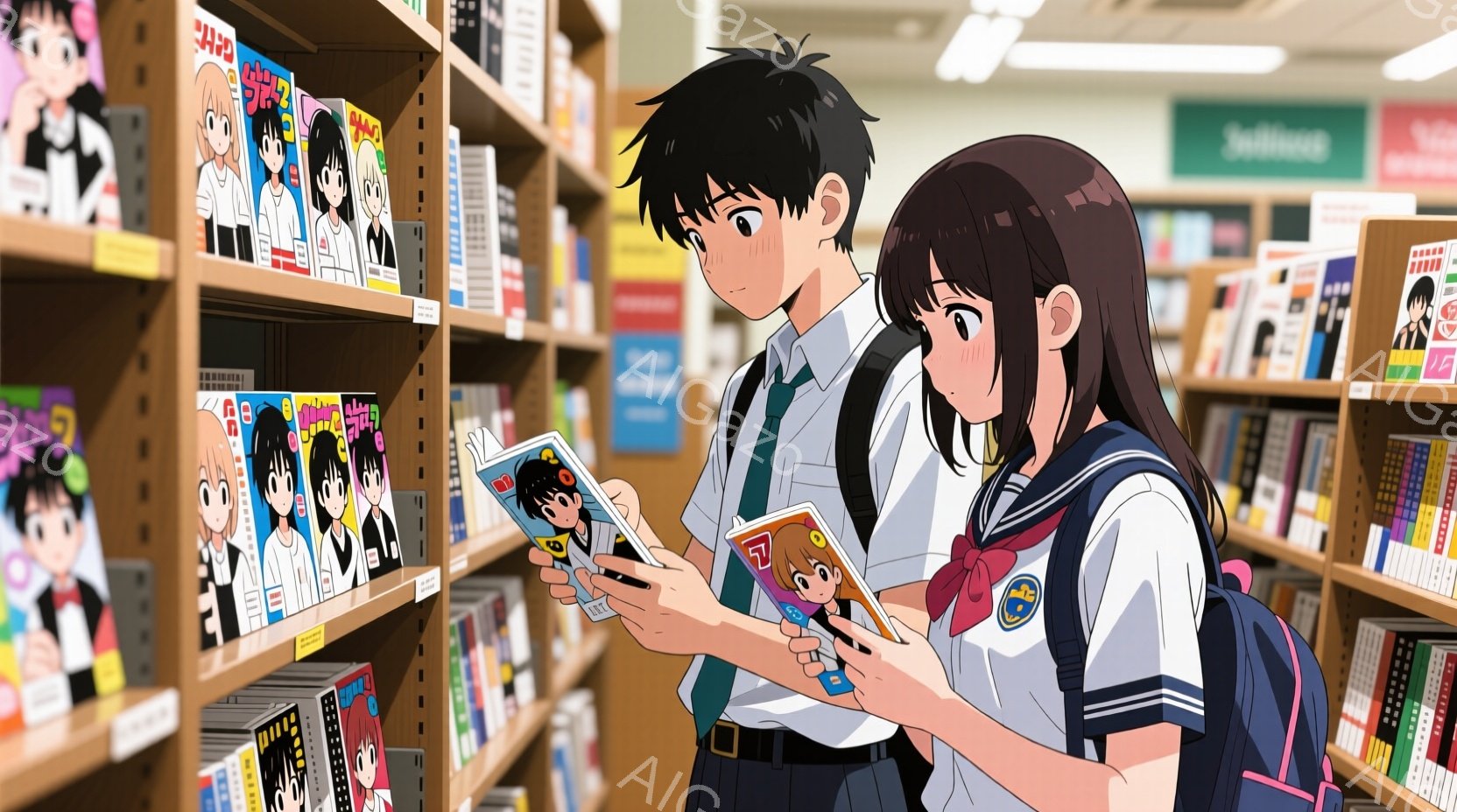 夜空に打ち上げられた花火を、後ろ姿の少年少女が鑑賞している様子が写っている。二人は白いシャツにリュックサックを背負い、多くの人々が集まるイベント会場にいる。背景には、屋台やテント、そして暗闇の中にぼんやり見える緑の芝生が見え、お祭りの賑やかな雰囲気が伝わってくる。